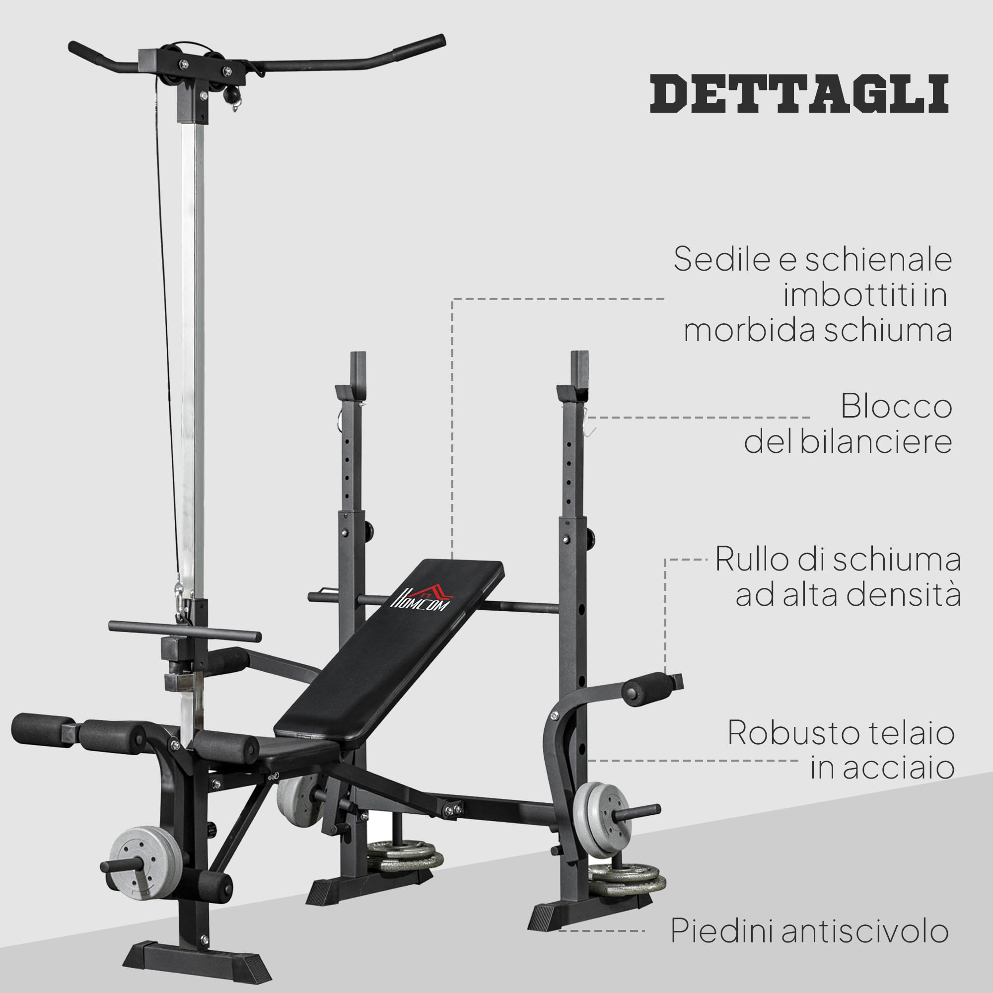 HOMCOM Panca Palestra Multifunzione con Pulley System, Supporto Bilanciere e Schienale Regolabili, Panca Pesi Inclinabile Piana con Leg Extension, Chest Expansion, Portapesi, Allenamento Palestra Casa