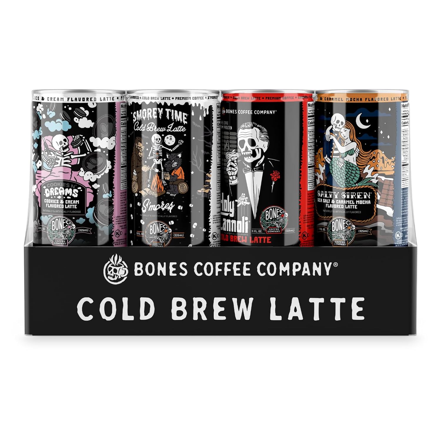 Bones Coffee Company Variety Pack Flavored Coffee, Smores, Salted Caramel Mocha, Cannoli and Cookies N Cream Ready To Drink Latte Coffee in Can | Variety Flavors in Cans | 11 Fl Oz Can (12 Pack)