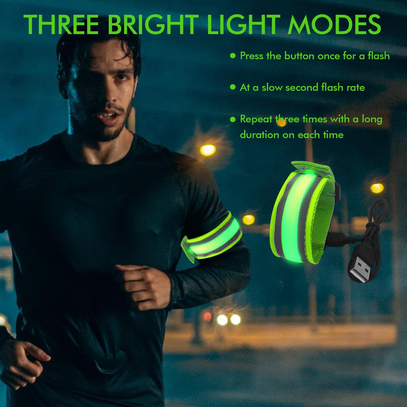 4 bracciali a LED ricaricabili: bracciali con luce USB riflettente, USB, per corsa, escursionismo, ciclismo, sport all'aria aperta, con USB, luce di sicurezza