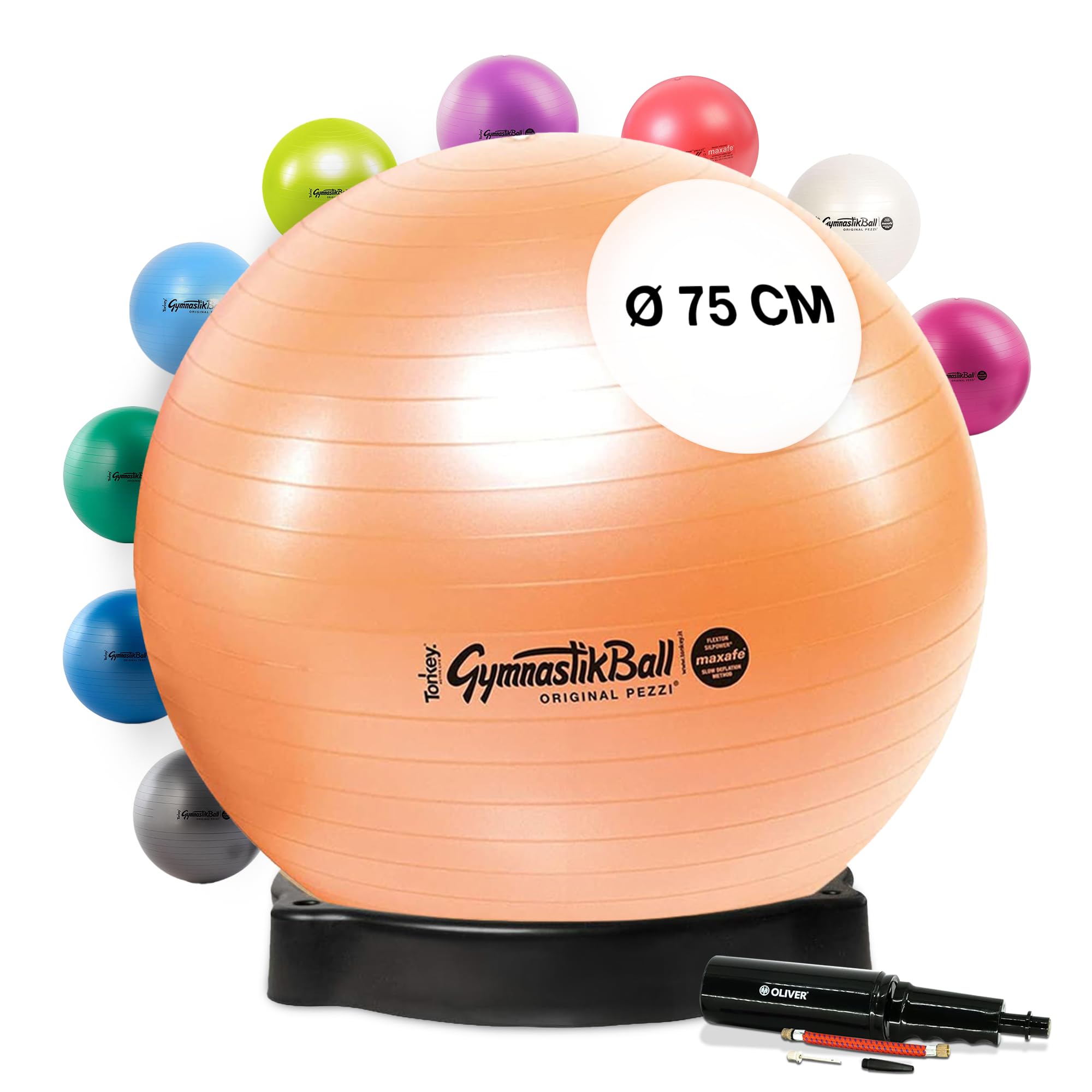 PEZZI - Gymnastikball Original Pezziball MAXAFE 75cm mit Ballschale & Oliver Rapid Pumpe – Sitzball für Therapie, Sport & Büro - Trainingsball aus Flexton Silpower® belastbar bis 400 kg – Kupfer