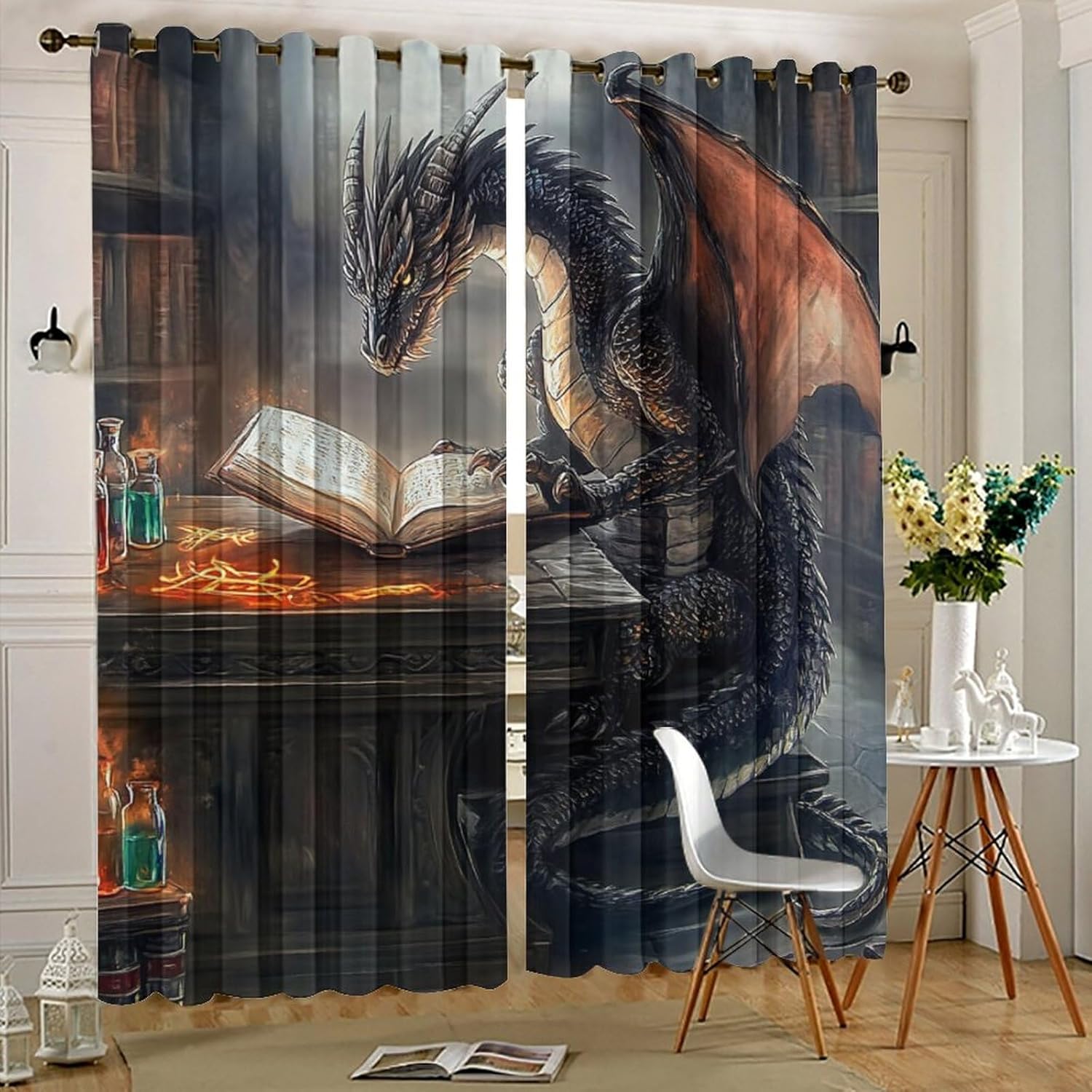 Gothic Bookshelf Dragon Blackout Curtains for Bedroom Living Room, Bottle Table Thermal Insulated Grommet Curtains Window Drapes, 21W x 45L, 2 Panels