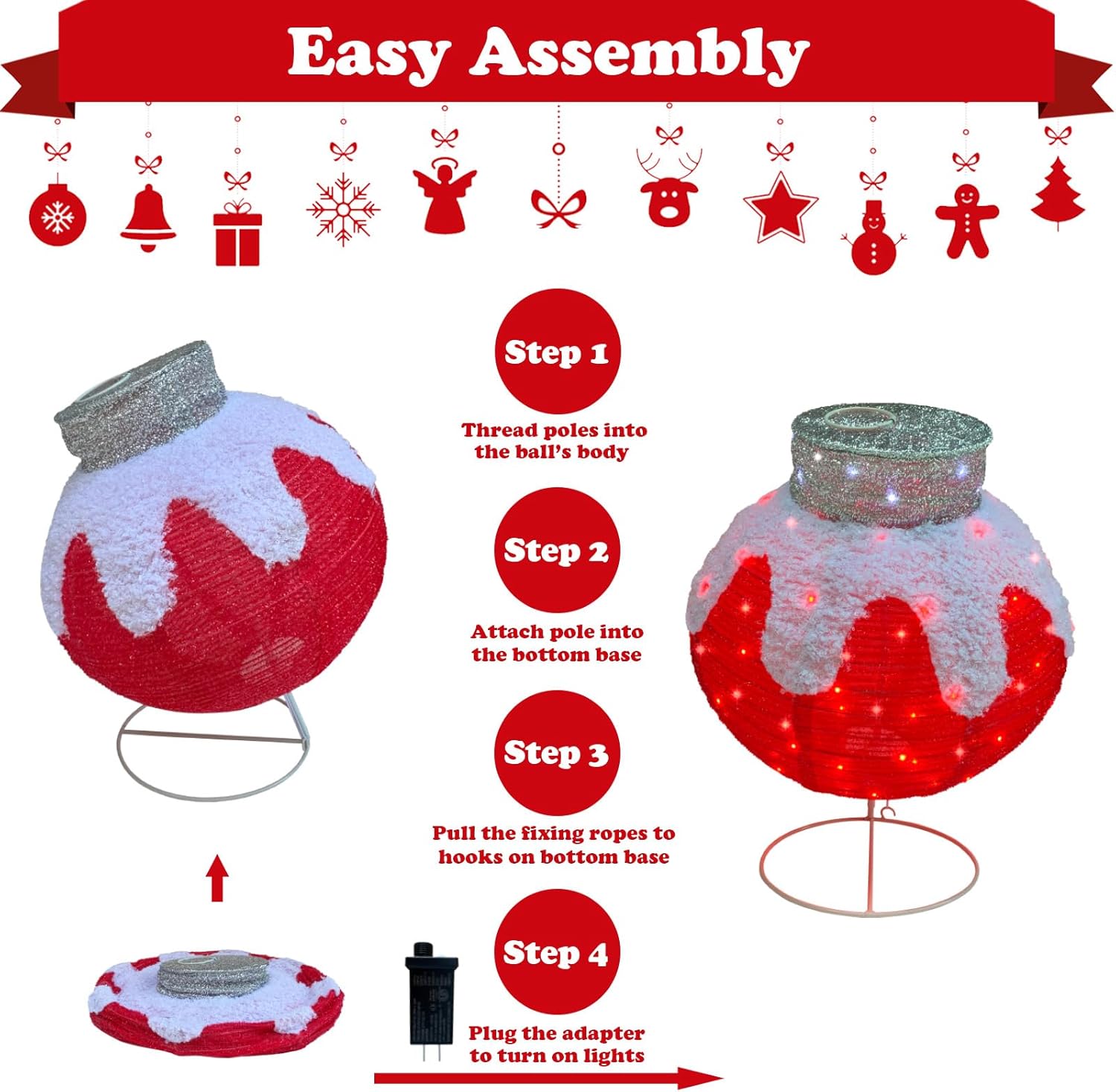 Outdoor Christmas Balls Lighted, 2pcs Pop-Up Christmas Ornaments Outdoor Decorations Prelit 160 Lights with 8 Flashing Effects, Collapsible Light Up Hanging Lantern Ball for Home Yard Decor-Red/Green