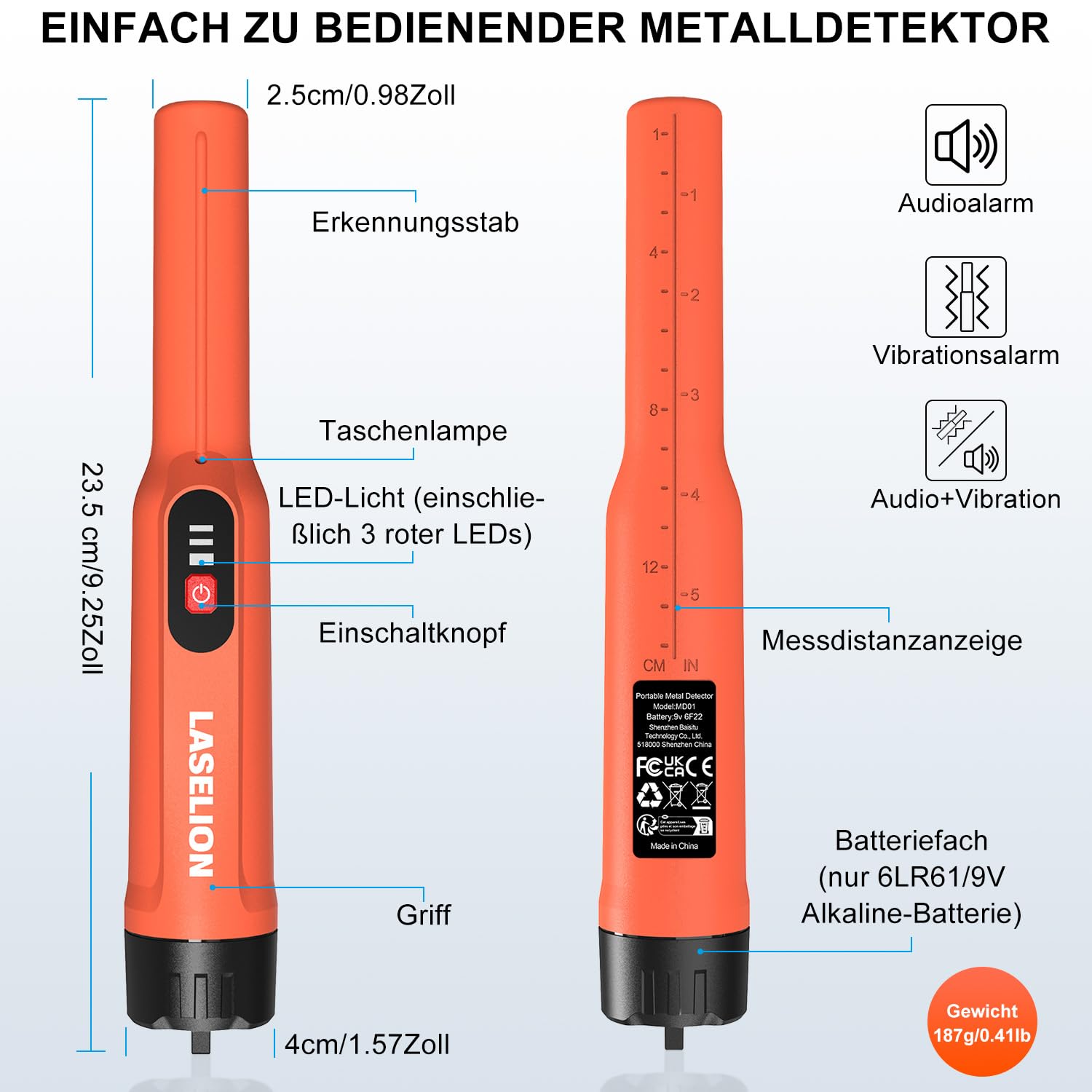 LASELION MD01 Metalldetektor Pinpointer IP68-Wasserdichtigkeitsgrad - Tragbares Metallsuchgerät mit 9V Batterie, Gürteltasche und Umhängeband,360° Suchbereich