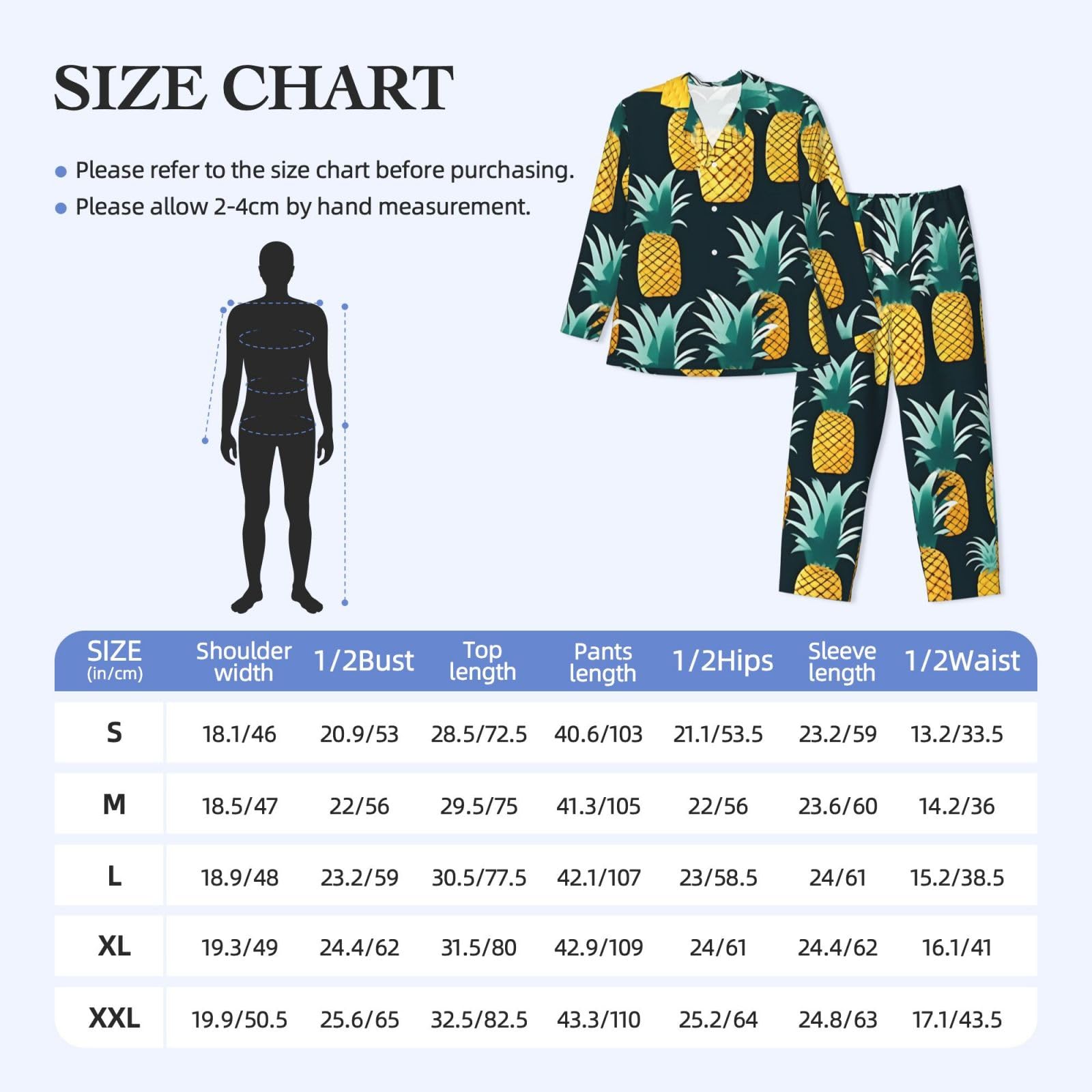 Herren-Pyjama-Set mit Ananas-Druck, langärmelig, zweiteilig, Hauskleidung, bequeme Nachtwäsche