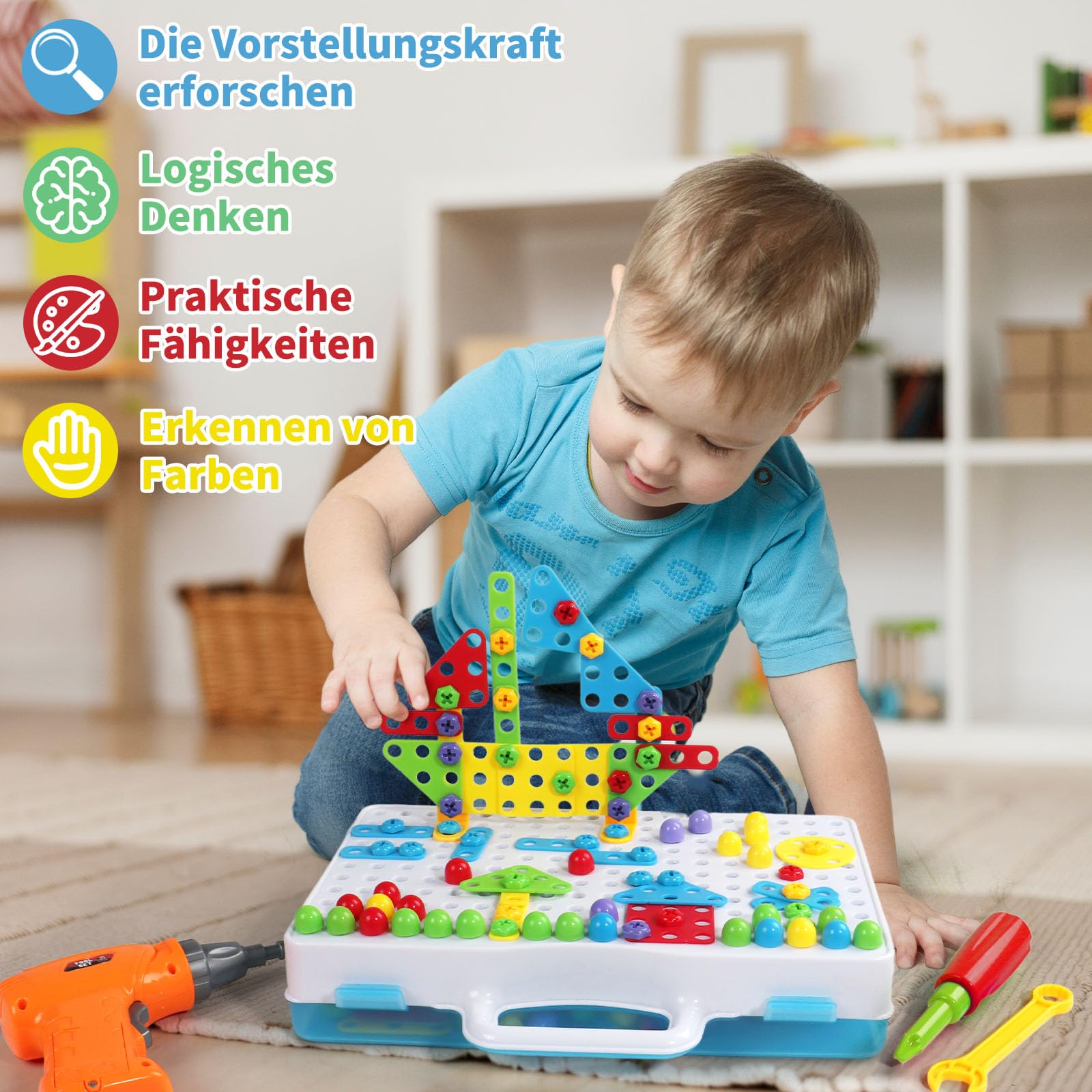 Spielzeug ab 3 Jahre Mosaik Steckspiel mit Elektrische Bohrmaschine Schrauben Steckspiel Kinder Werkzeug Montessori Spielzeug Puzzle ab 3 Jahre Akkuschrauber Geschenke 3 4 Jahre Junge 224 Stück