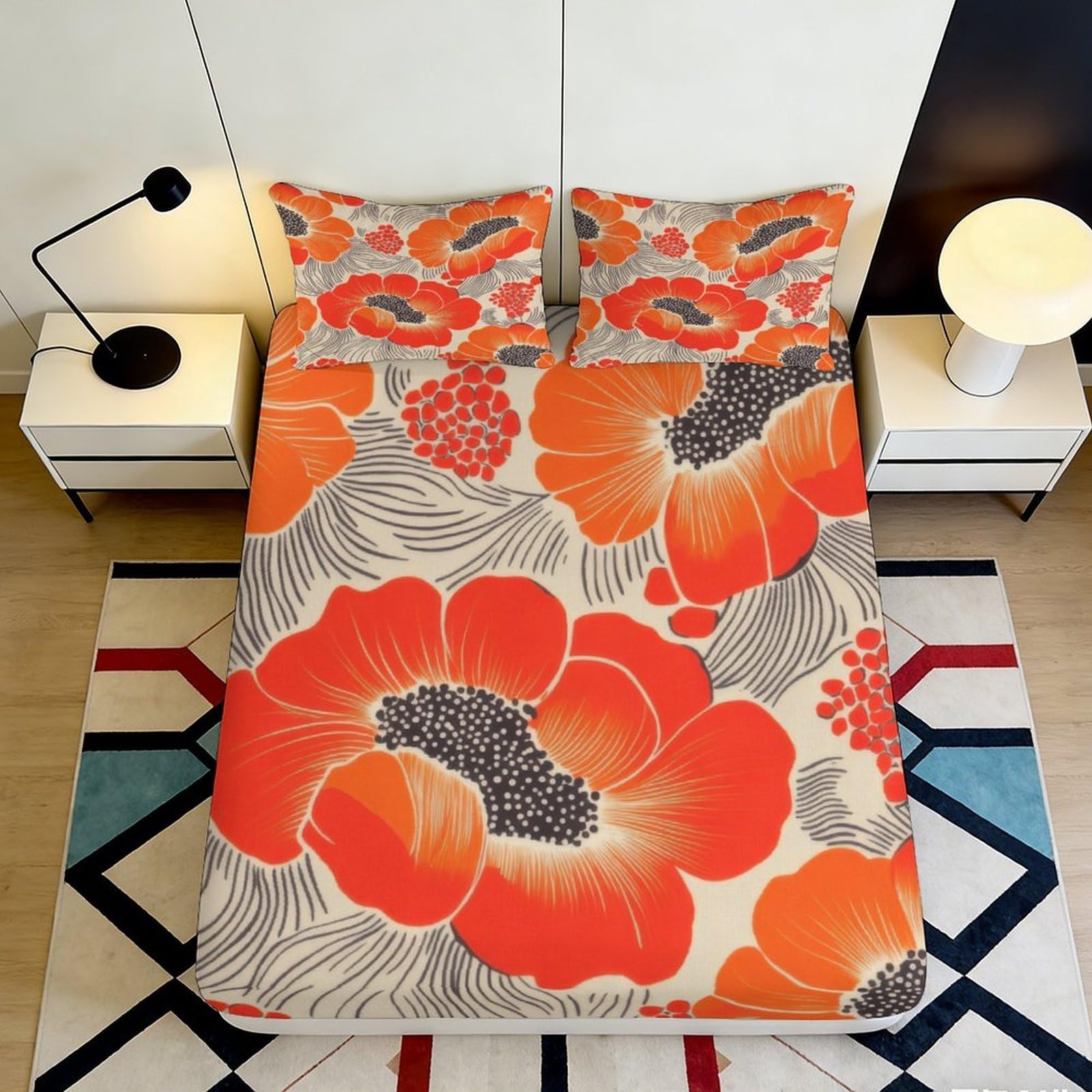 3D Printed Red Poppy Floral Fitted Sheet Microfiber Soft Anti-Slip Mattress Cover Orange Blossom Design for Bedroom Home 90x200x25cm