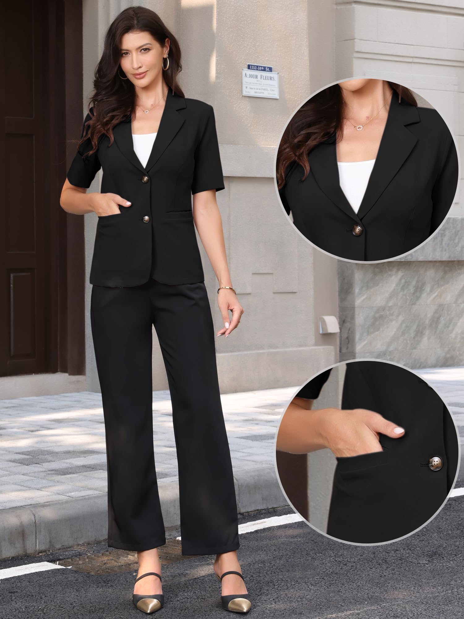 Allegra K Damen Kurzarm Blazer Reverskragen Offener Vorderseite Business Freizeit Anzugjacke mit Taschen Jacke