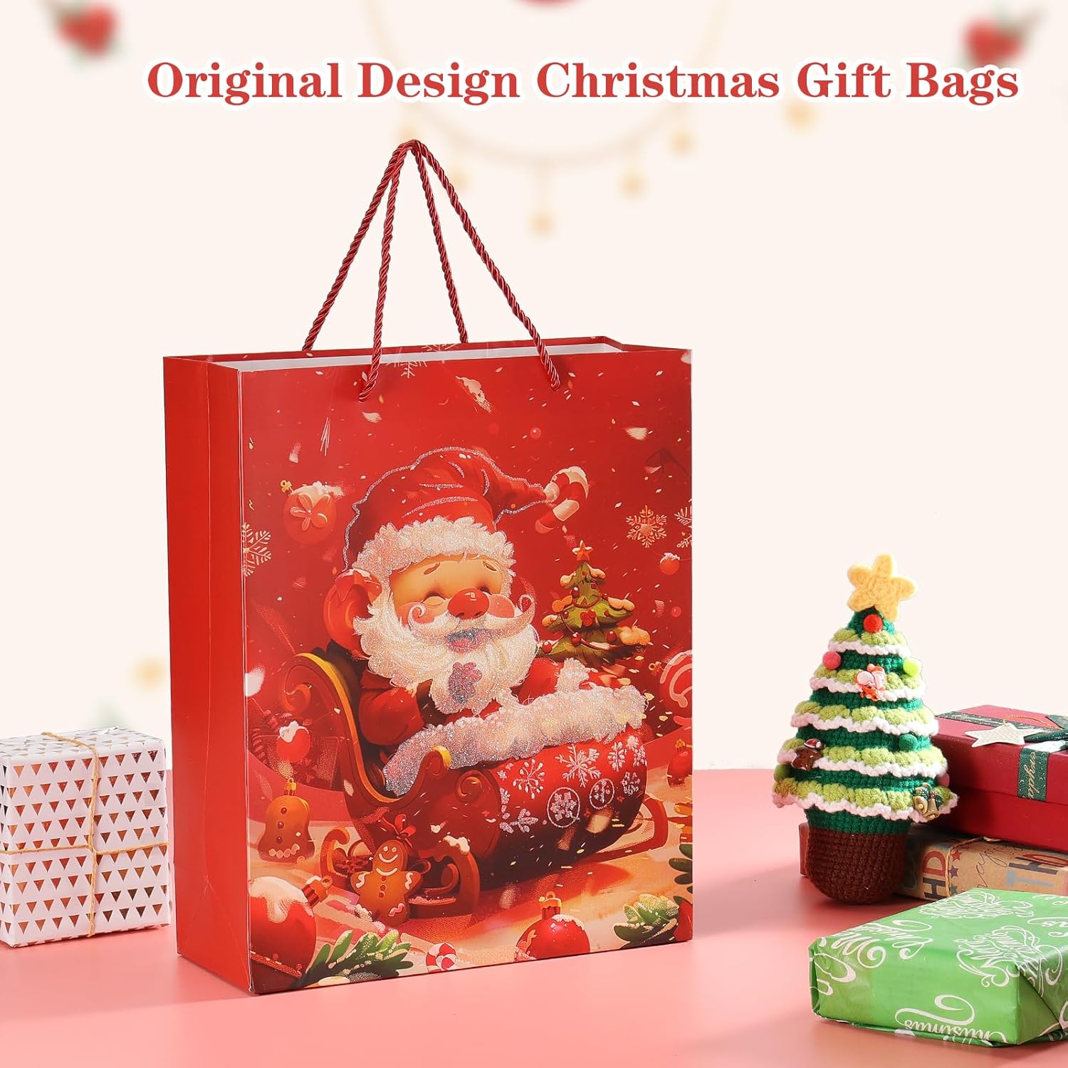 Rusikia 12 Christmas Gift Bags with 12 Tissues and 1 Satin Ribbon, Red Party Favor Bags Bulk with Handles, Glittery Cute Tree Father Christmas Paper Bag for Wrapping Holiday (Large 16"x12"x5")