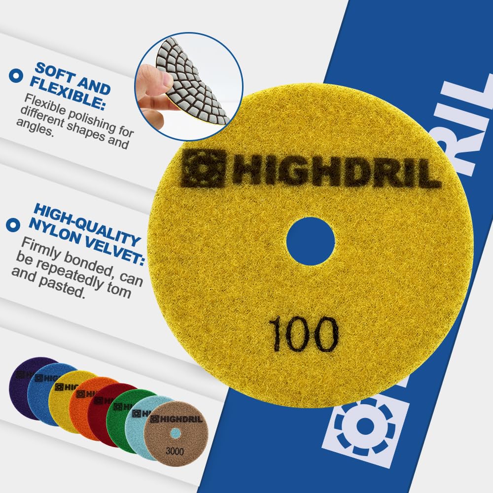 HIGHDRIL Disco Pulido Diamante Set - 8 Piezas 100mm Grano #50x3/100x3/200x2 Almohadilla Pulir Suelo + M14 Soporte Plástico + Adaptador para Abrillantar Mármol Granito Hormigón Piedra