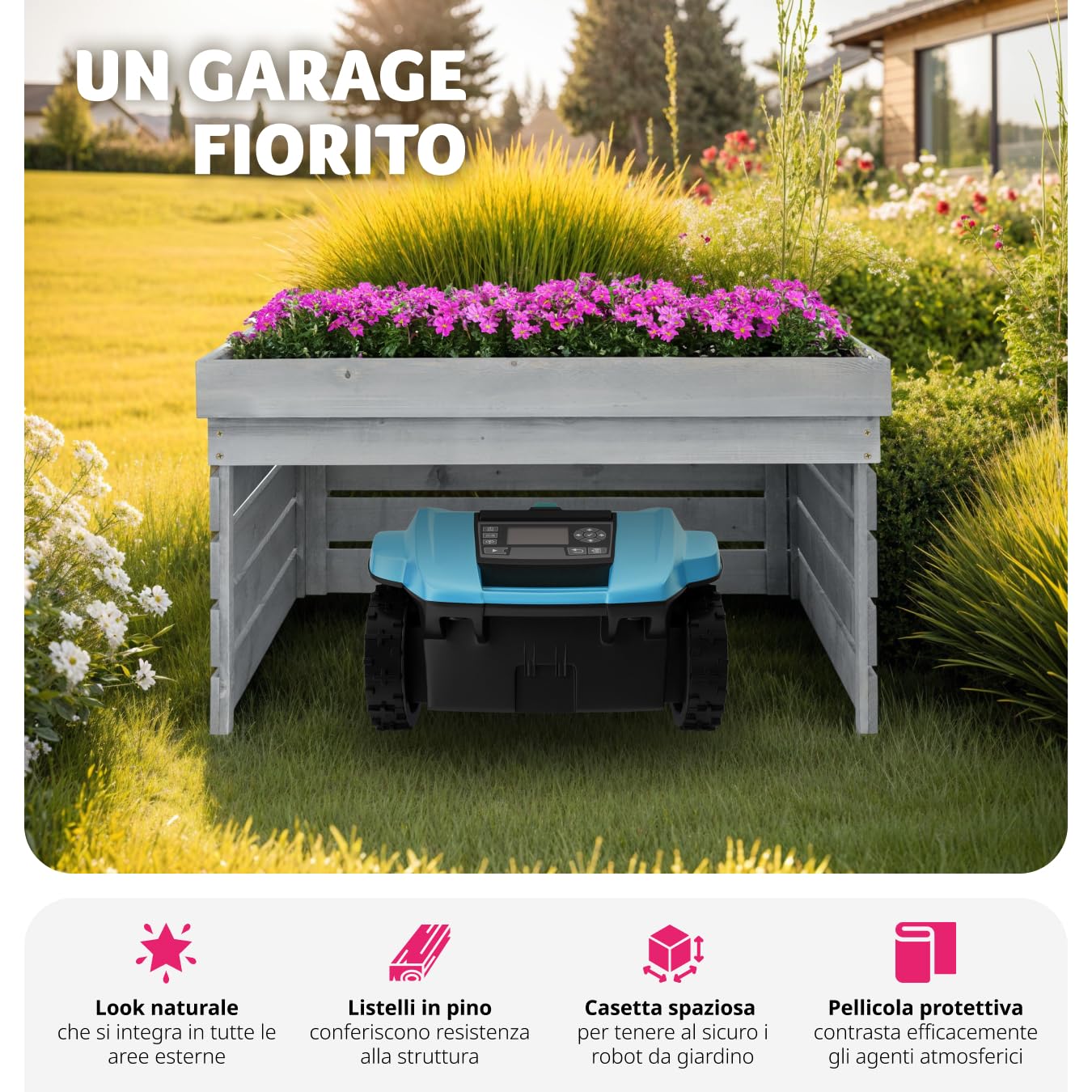 tectake® Riparo per Robot Tagliaerba, Garage Robot Tagliaerba Resistente alle Intemperie, Spazioso Garage in Legno di Pino, Tetto Piantabile, Copertura Robot con Telone, 78 x 84 x 86 cm - Grigio