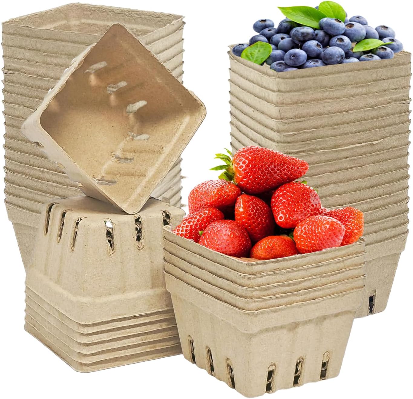 PARBEE 60 Pack Pulp Fiber Berry Basket, Molded Containers Vented