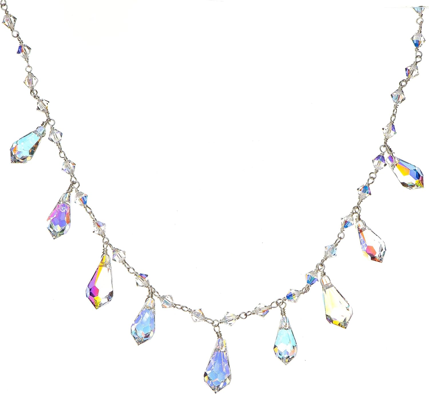 LTC Designs Aurora Borealis Austrian Crystal Linked Fringed Teardrop Necklace on Sterling Silver, 18"