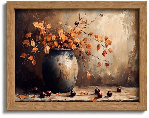 Framed Vintage Autumn Leaf Vase Wall Art,Rustic Still Life Painting