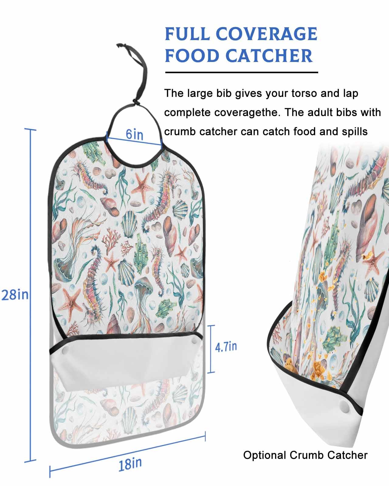 LEOKOTI Coastal Nautical Adult Bibs for Eating, Waterproof Bibs with Food Catcher & Adjustable Snap Closure, Summer Beach Starfish Ocean Coral Washable Clothing Protectors Adult Bibs for Elderly