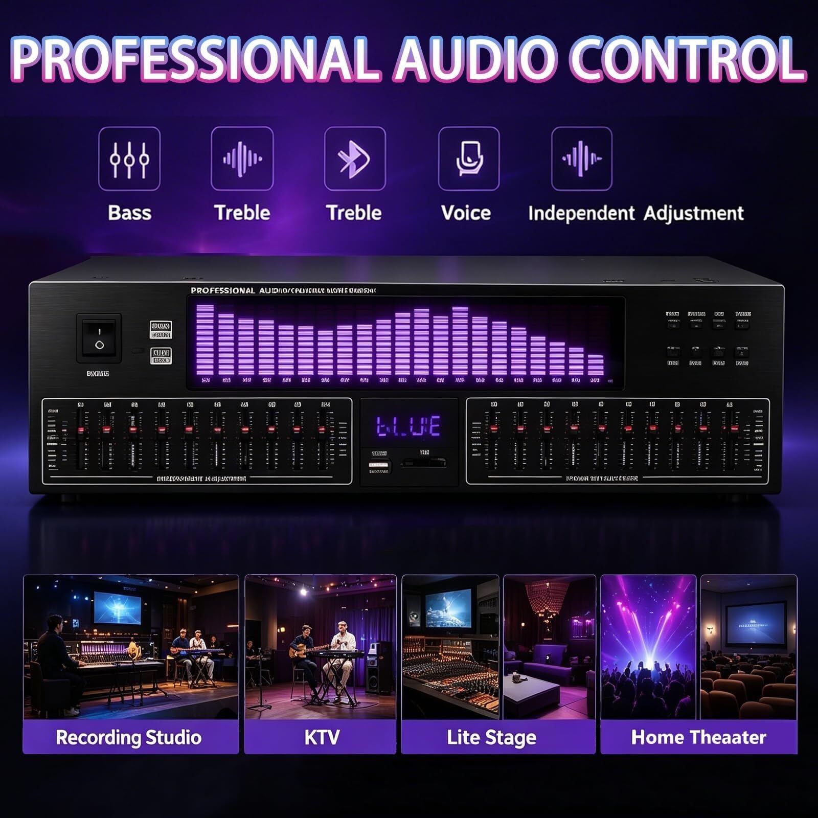 Ecualizador gráfico Hi-Fi de 20 bandas, procesador de audio estéreo digital con 15 efectos dinámicos, pantalla LED de espectro, analizador de espectro musical con control independiente