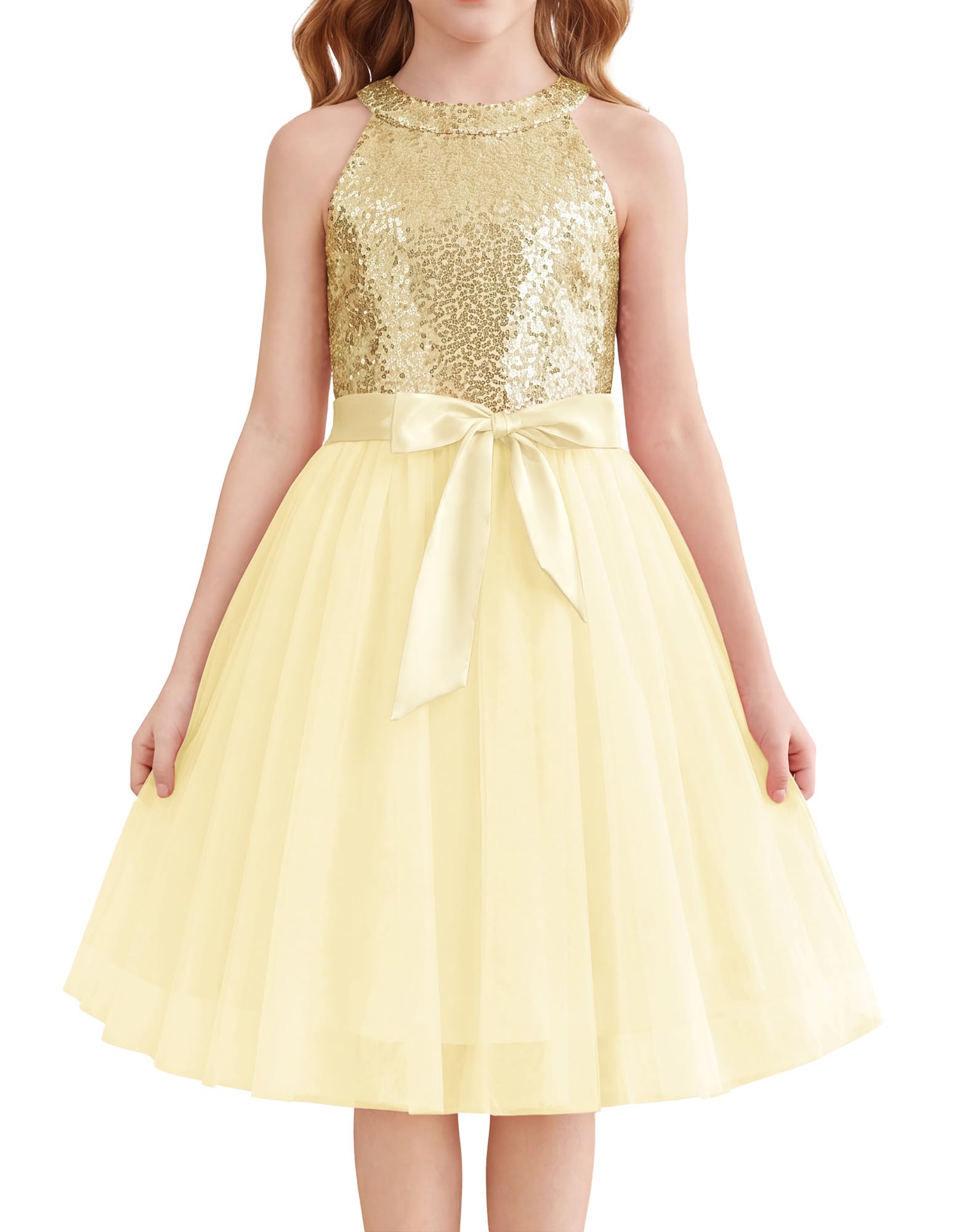 GRACE KARIN Mädchen Ärmellos Pailletten Tüllkleid Rundhalsausschnitt Elegantes Prinzessinenkleid Geburtstag Party Hochzeit Kinderkleid