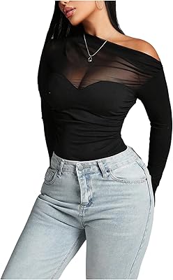 Milumia Women's Ruched One Shoulder Bodysuit Sheer Long Sleeve Fitted Leotards Tops