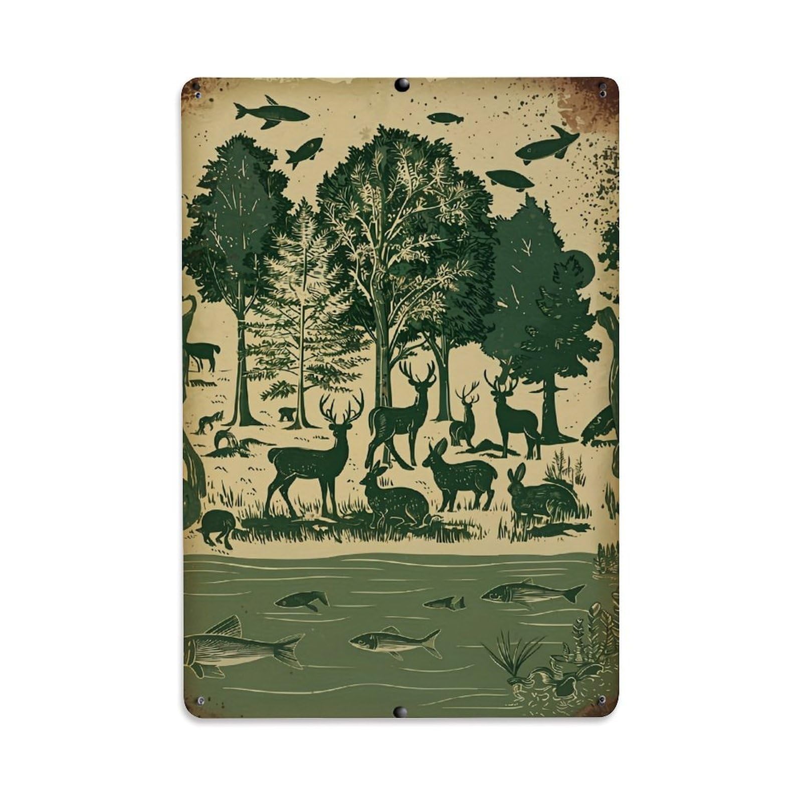 Jdfenggu Vintage Forest Deer Fish Water Trees Retro Metal Tin Sign, Decor Art Poster For Bar, Home, Man Cave, Kitchen, Laundry Room Gift 8X12inch