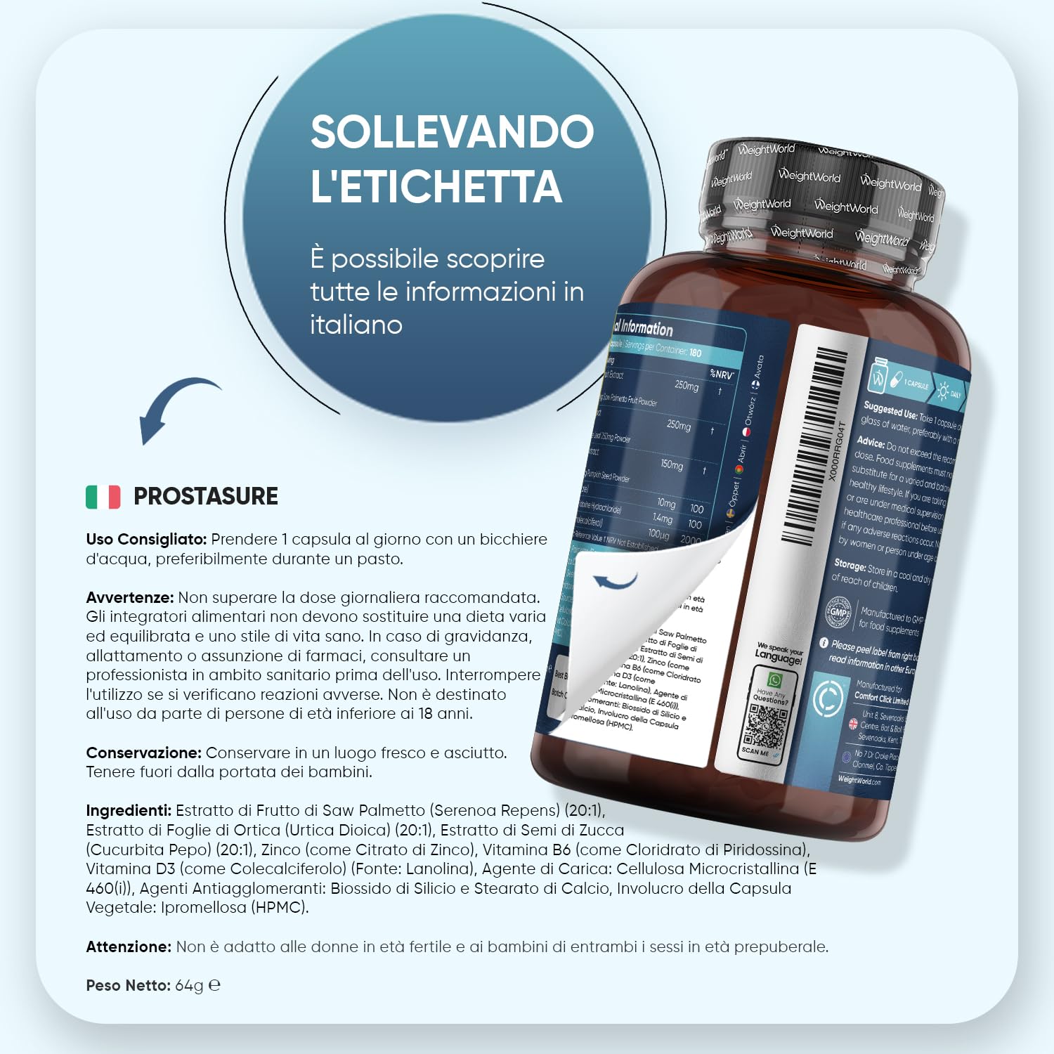 Serenoa Repens in 180 Capsule Vegetariane, 1 Capsula al Giorno (6 Mesi), Estratto 20:1 di Saw Palmetto, Semi di Zucca, Ortica Foglie, Zinco, Vitamina D3, B6, Integratore Uomo Senza Magnesio Stearato