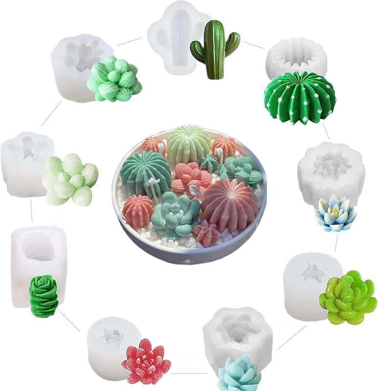 Navani Paquete de 9 moldes de silicona suculentas, molde de resina de flores, moldes de silicona para velas. Molde de vela de cactus 3D de silicona para velas perfumadas, fabricación de jabones, cera, fundición de resina, molde de mousse de postre para pasteles de jabón (A)