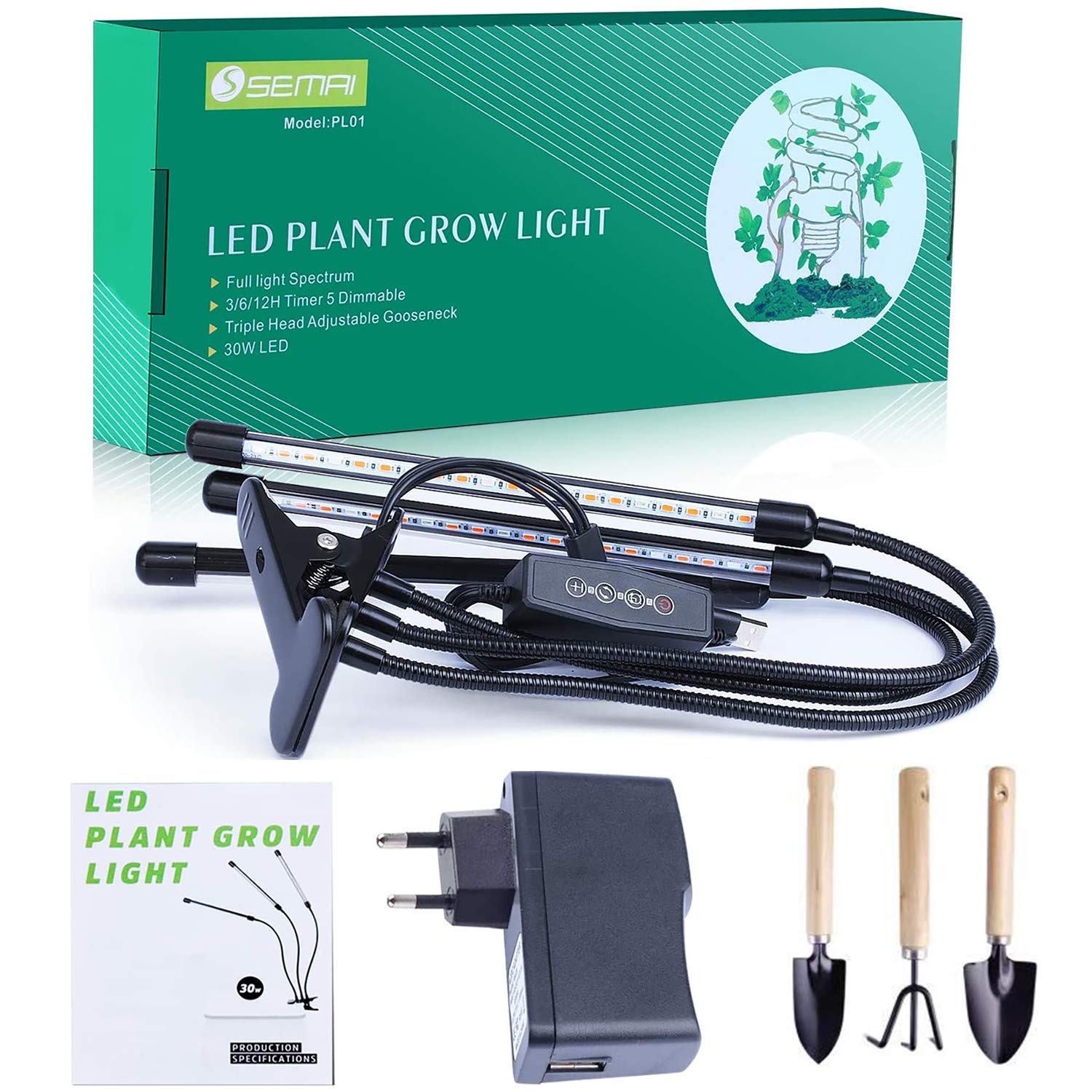 semai Lampe LED pour plantes 30 W - Lampe de croissance - Spectre complet pour plantes d'intérieur - Avec minuteur - 3 types de modes - 6 types de luminosité