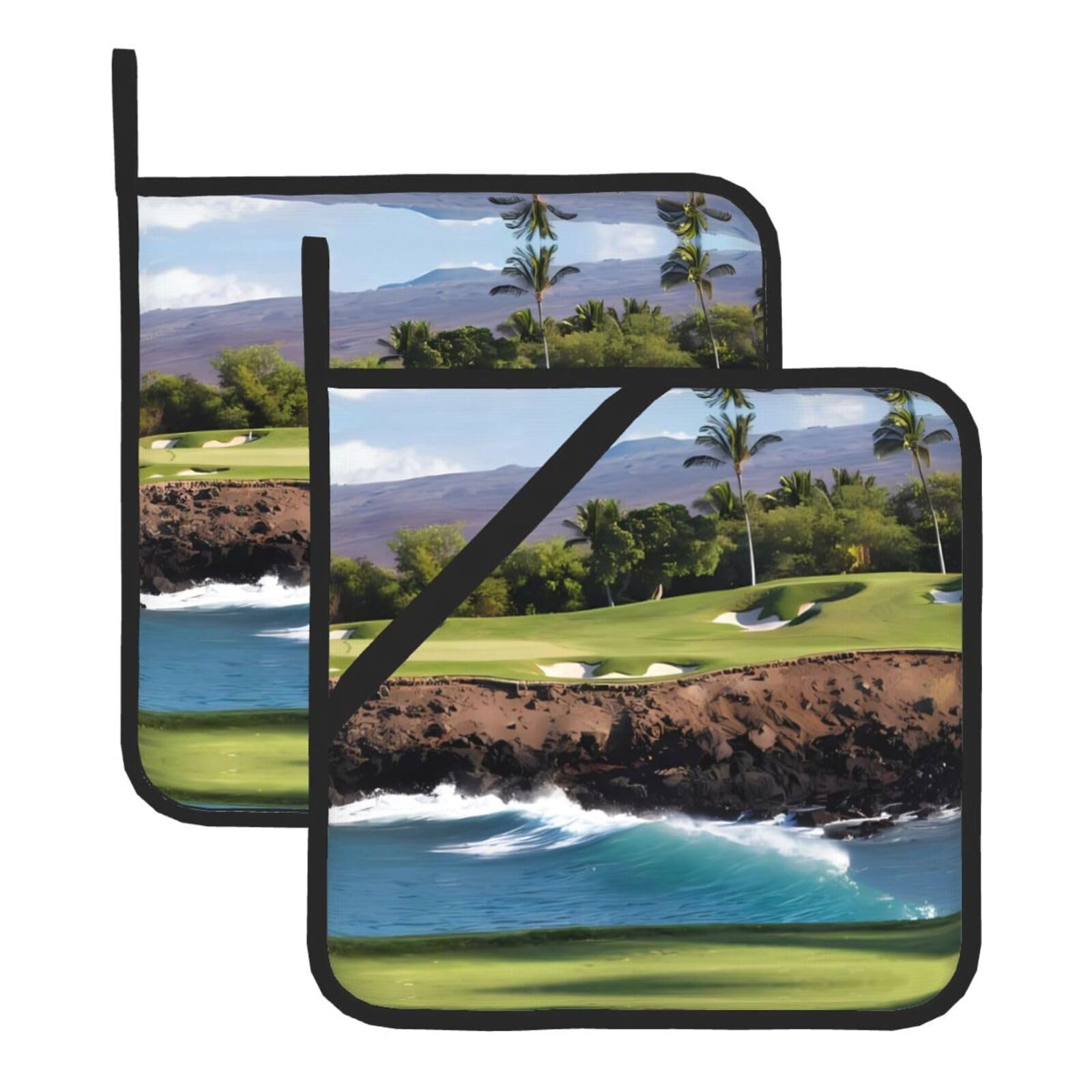 HJFCZH Hawaii Beach Golf Course Prints Square Hot Pads for Kitchen Counter - Waterproof Pot Holders, Durable Heat Resistant Throw Layers for Serving, Oven & BBQ - 2 Pack
