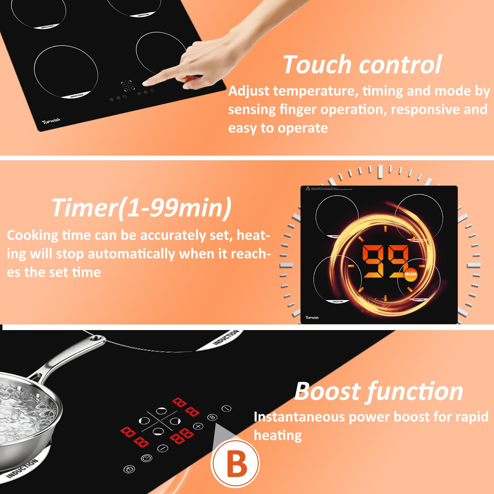Topwish piano induzione, piano induzione 4 fuochi, piano cottura induzione incasso con sicurezza bambini, funzione boost, controllo touch, indicatore di calore residuo, 60CM, 7200W