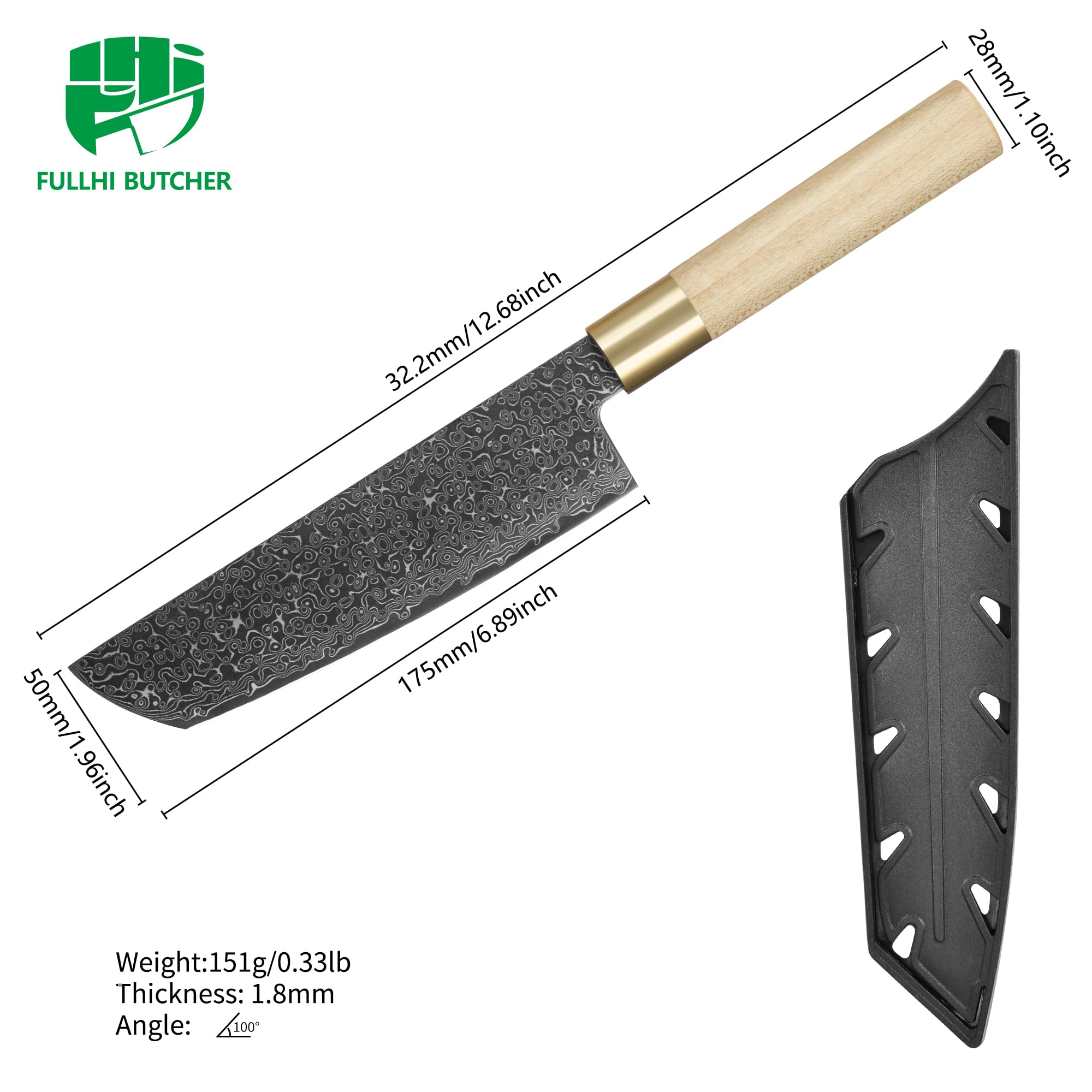 FULLHI Japanisches Messer Schwarzer Damaszener Stahl mit Scheide, Holzgriff Gyutou sashimi Kochmesser Küchenmesser mit Box für Mann Frauen Geschenk (Nakiri-Messer)