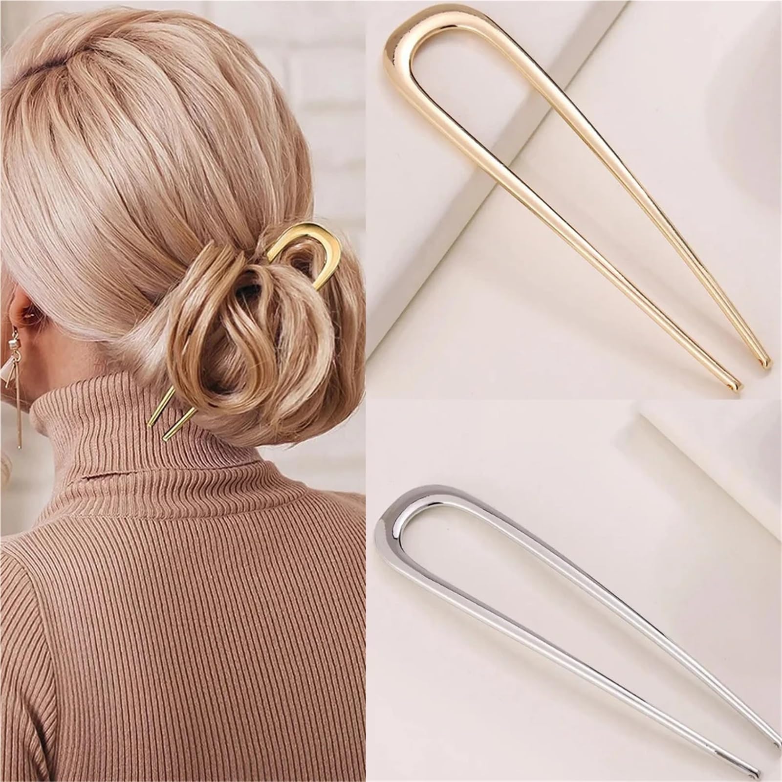 Forcine per capelli a forma di U, 20 forcine per capelli in lega oro-argento per donne: a forma di U, lunghi e spessi, eleganti supporti per chignon, accessori Updo (oro)