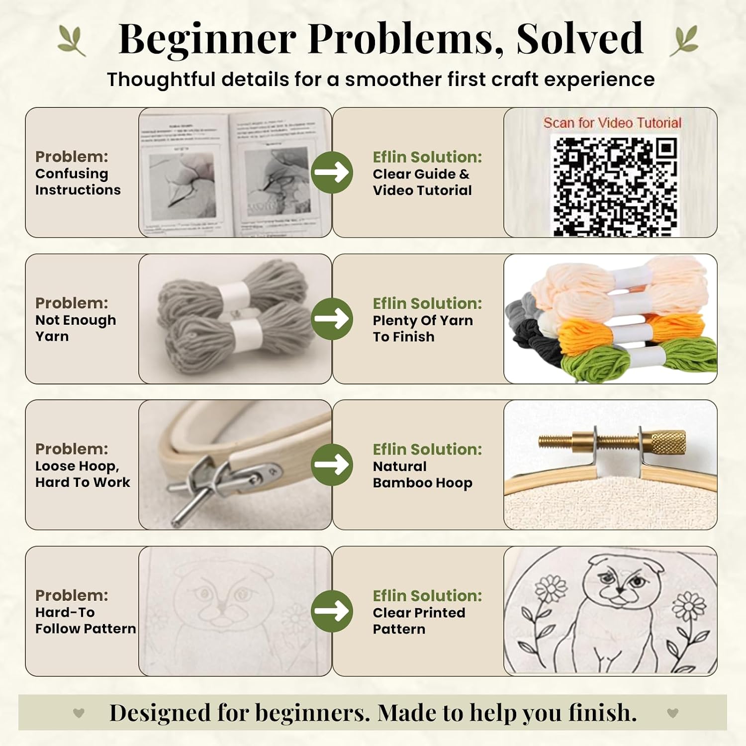 Eflin Punch Needle Kits Adults Beginner, Cute Scottish Fold Cat Punch Needle Kit for Beginners with Daisy Pattern, Natural Bamboo Hoop, Yarns, Tools, Tutorial Video, Rare Gift for Craft Kits, Decors