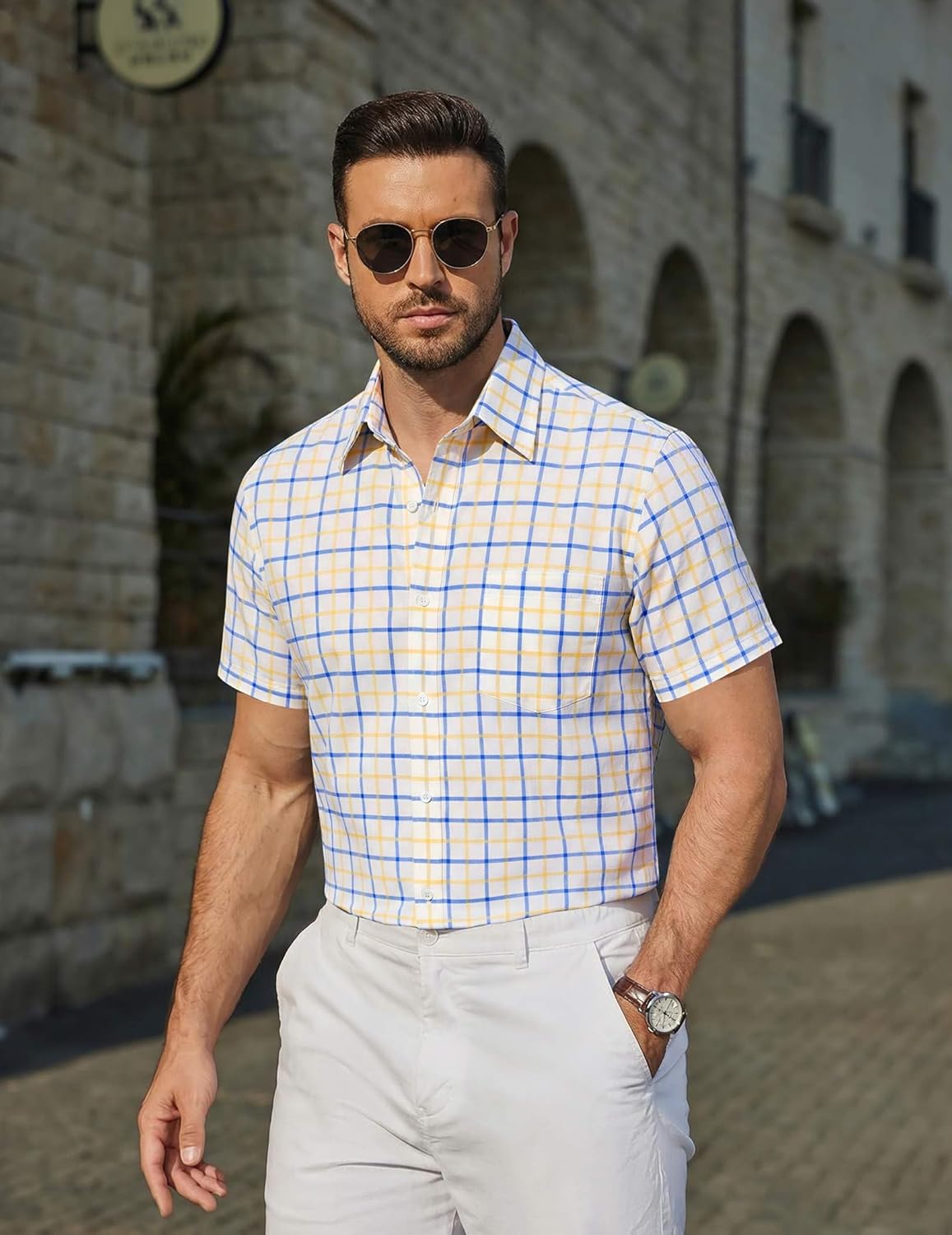 COOFANDY Men's Plaid Button Down Shirts Short Sleeve Casual Summer Shirts Untucked Dress Shirt with Pocket - Image 3