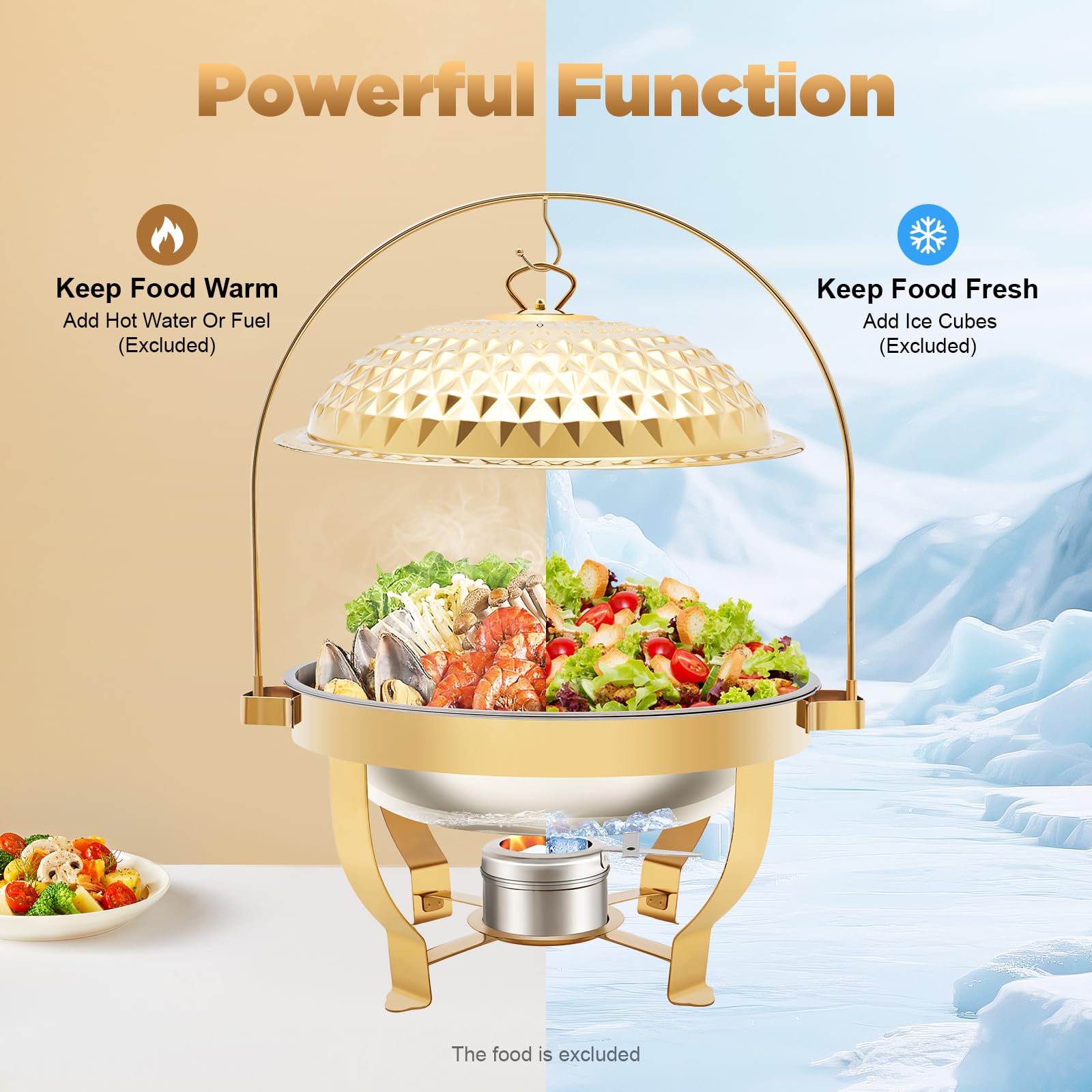 Chafing Dish Buffet, scaldavivande in acciaio inox, contenitore rotondo da 8 l, con bruciatore, utensile da portata a buffet, oro con coperchio, per catering, matrimoni, feste, feste di famiglia