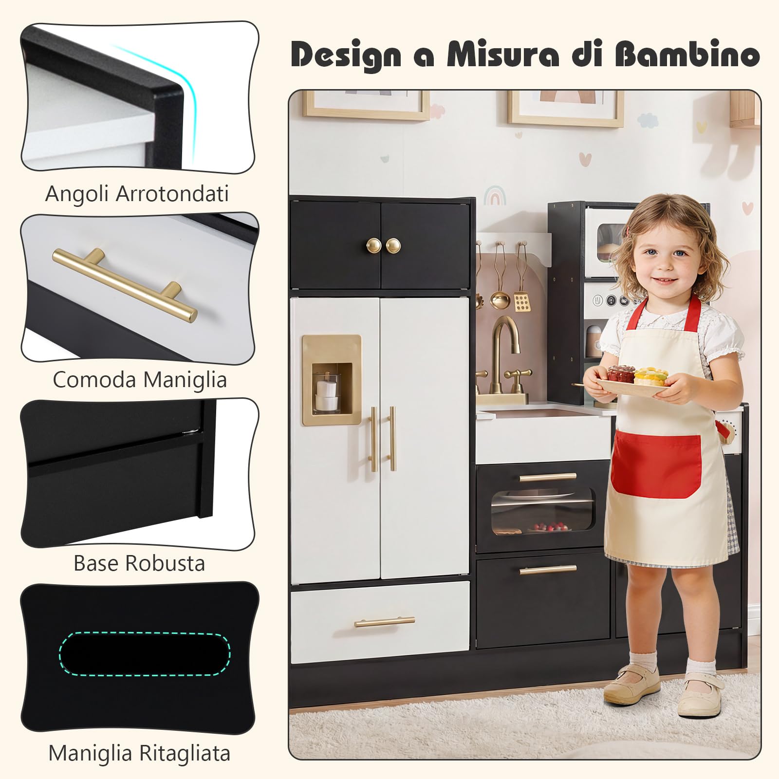 COSTWAY Cucina Giocattolo per Bambini, Set Cucinetta in Legno con Luci e Suoni Realistici, Fornelli, Lavello, Rubinetto, Forno, Microonde, Macchina del Caffè, Gioco di Finzione Chef per Bambini 3+