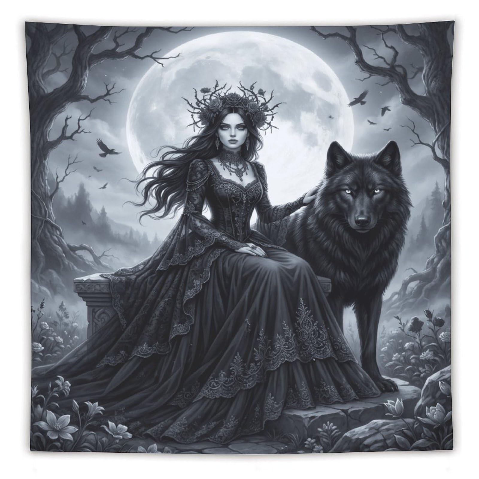 Moonlit Wolf Queen Wall Tapestry, Realistic Illustration, Apartment