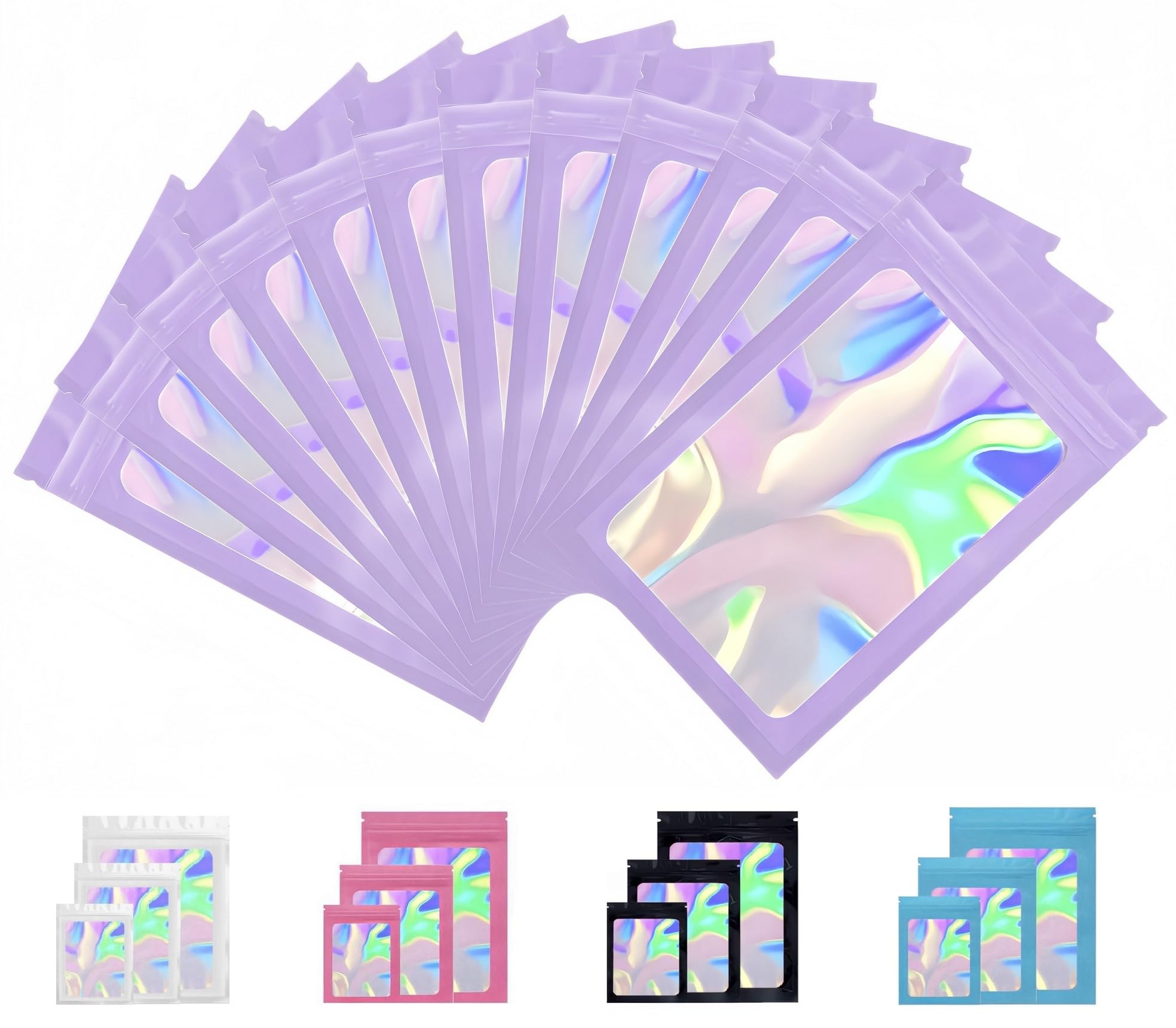 Rimiko Holographic Purple 100Pcs Ziplock Mylar Bags With Clear Window, Aluminum Foil Sample Bags, Resealable Holographic Pouches For Packaging And Food Storage (, 3.1"X5.1")
