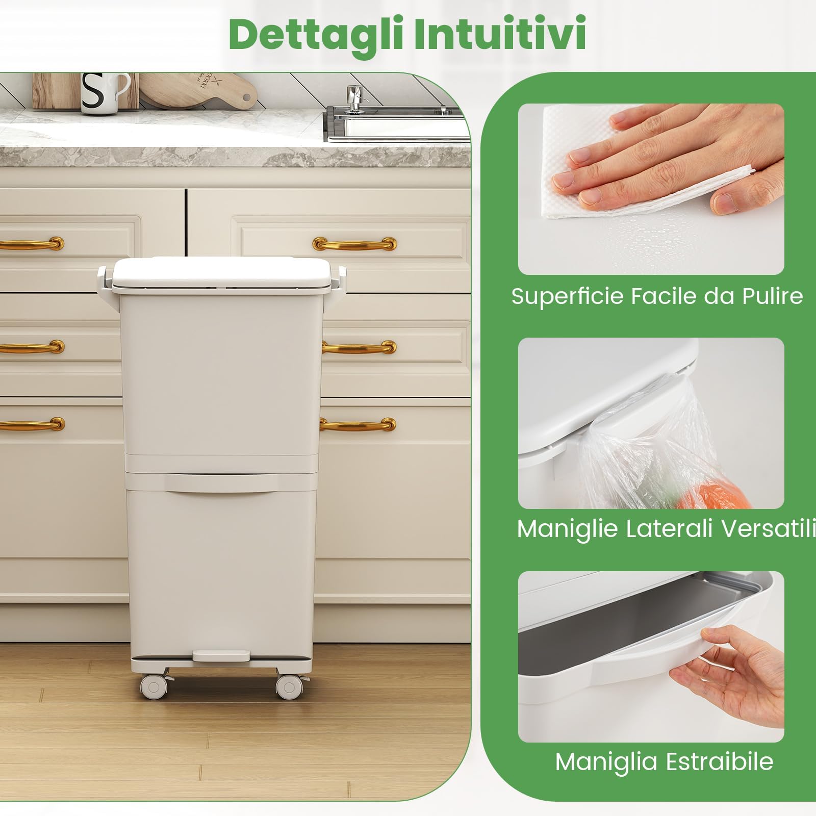COSTWAY 40L Pattumiera Differenziata a 3 Scomparti, Bidone per Spazzatura con Cestino Rimovibile e 4 Ruote, Secchio Rifiuti a Pedale per Cucina Sala da Pranzo Soggiorno (Bianco)