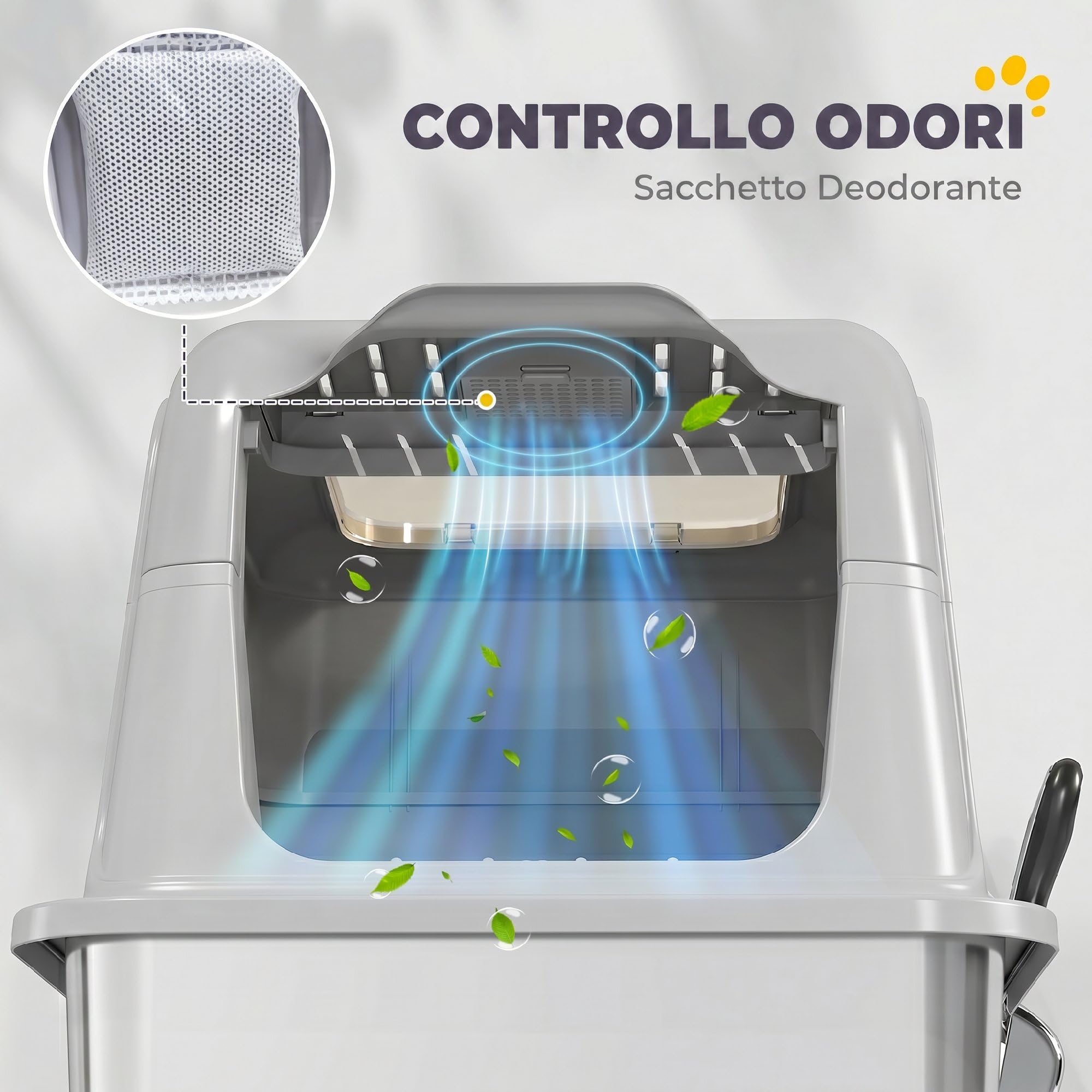 PawHut Lettiera Gatto Chiusa in Acciaio Inox con Coperchio, Toilette per Gatti Grandi, Entrata Frontale e Uscita Superiore, Paletta, Sacchetto Deodorante, Facile da Pulire, Grigio Chiaro