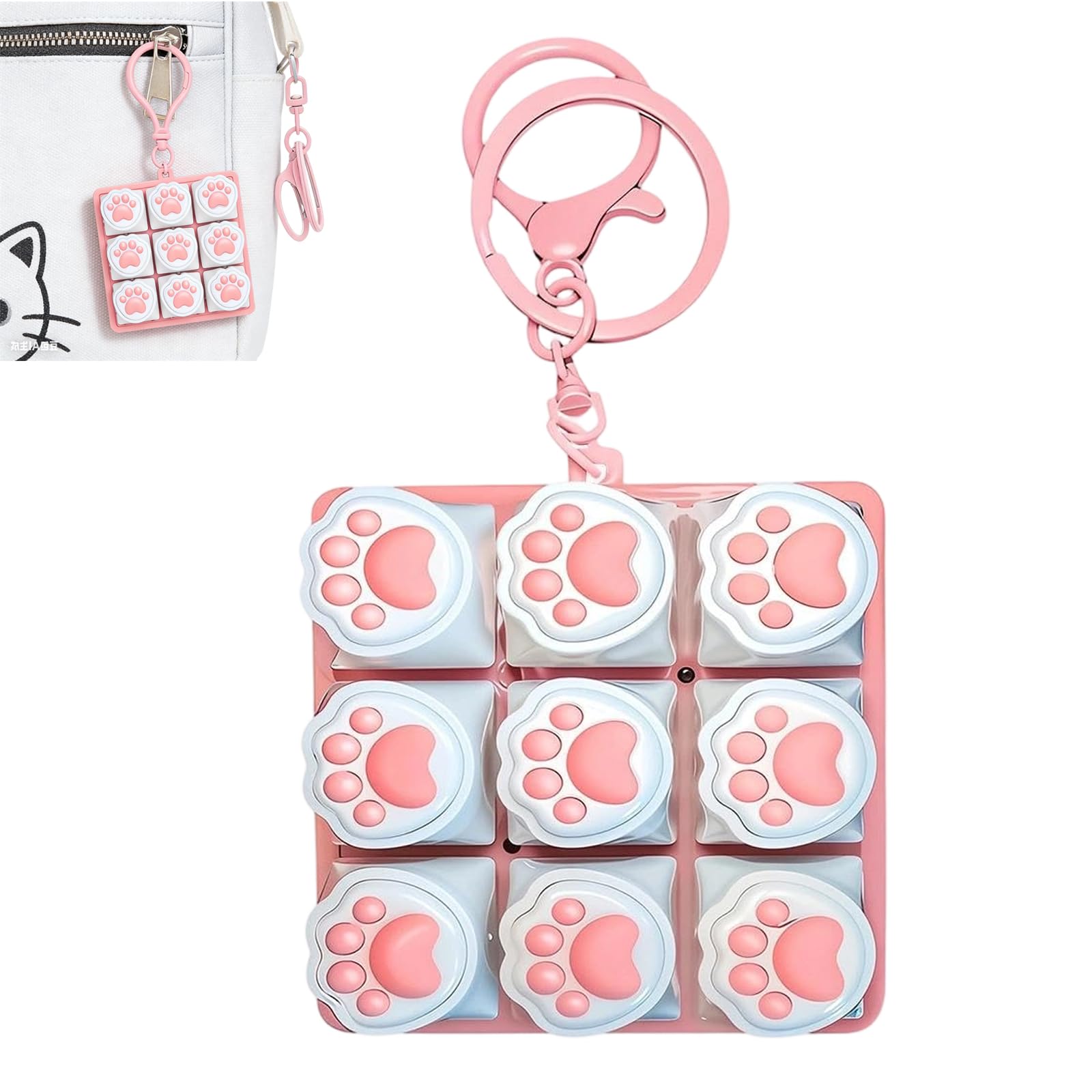 Wvbzf 1PC Keyboard Fidget, Fidget Keyboard with 9 Keys, Pink Cat Paw Design for Stress Relief and Focus Improvement, Portable 6x6 cm Keychain for Students and Office Workers