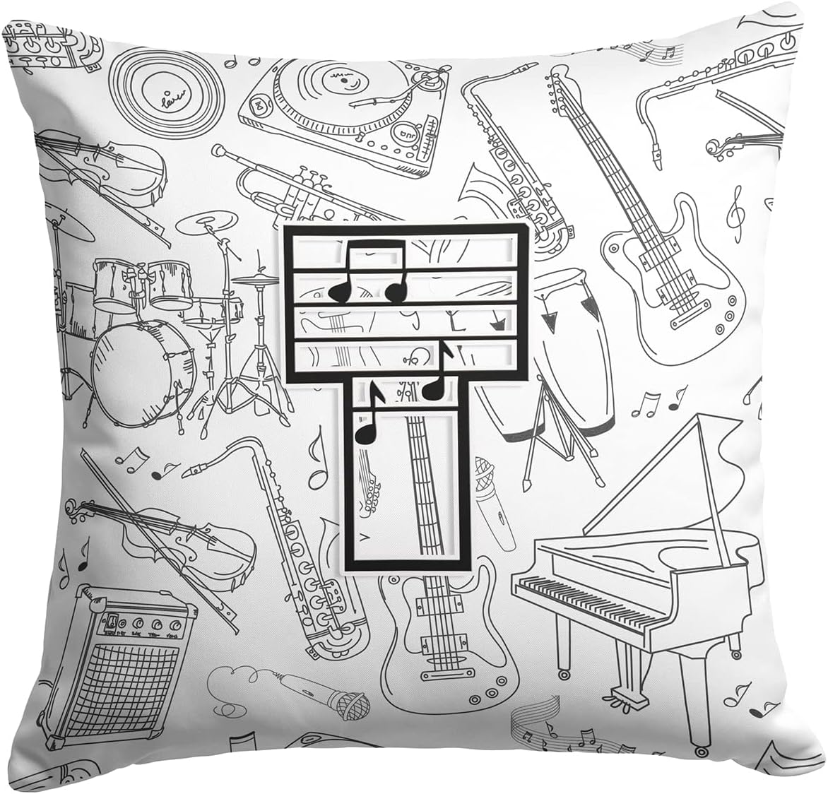 Caroline's Treasures CJ2007-TPW1414 Letter T Musical Note Letters Fabric Decorative Pillow 100% Machine Washable Pillow, Indoor or Outdoor Decorative Throw Pillow for Couch, Bed or Patio