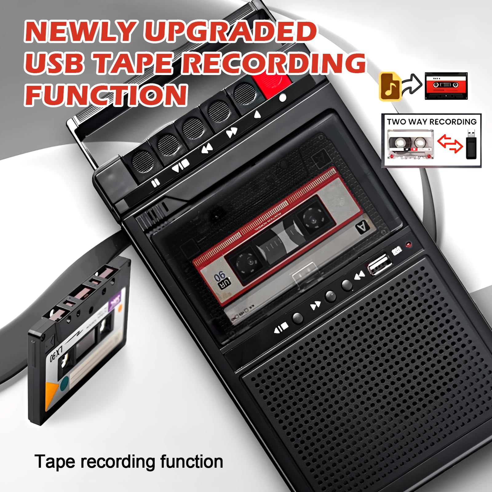 Lecteur de cassette rétro portable, lecteur de cassette Bluetooth avec fonction d'enregistrement, numérisation de cassettes via USB et audio, lecteur de cassette mobile avec double alimentation