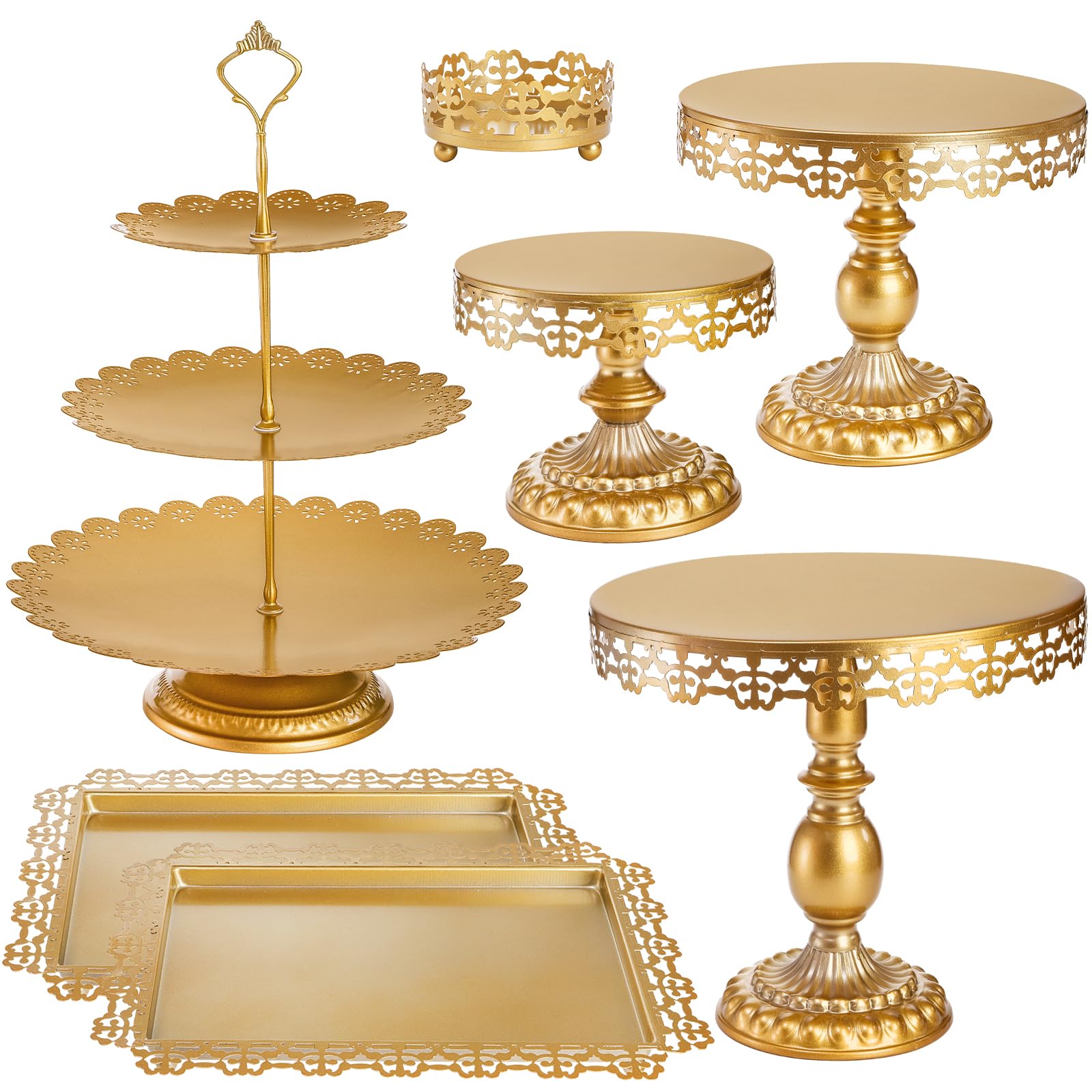 Hacaroa Set of 7 Gold Cake Stand, Metal Dessert Table Display Set Tiered Cupcake Holder, Decorative Candy Fruit Tower Plate Dessert Serving Tray Platter for Wedding, Birthday Party, Baby Shower