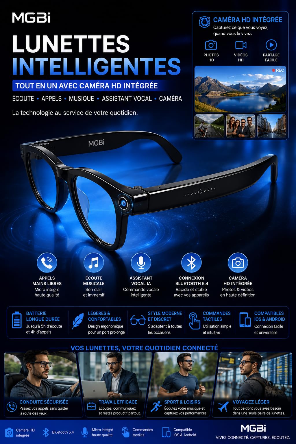 Lunettes Intelligentes avec Caméra HD Intégrée – Lunettes Connectées Bluetooth 5.4, Photos & Vidéos, Appels Mains Libres, Musique, Assistant Vocal IA, Commandes Tactiles, Compatible iOS & Android