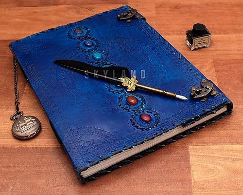 Miniatura 2 de Skyland Diario de cuero gigante con relieve de piedra medieval de siete chakras, cuaderno de sombras, cuaderno de oficina, poesía universitaria,