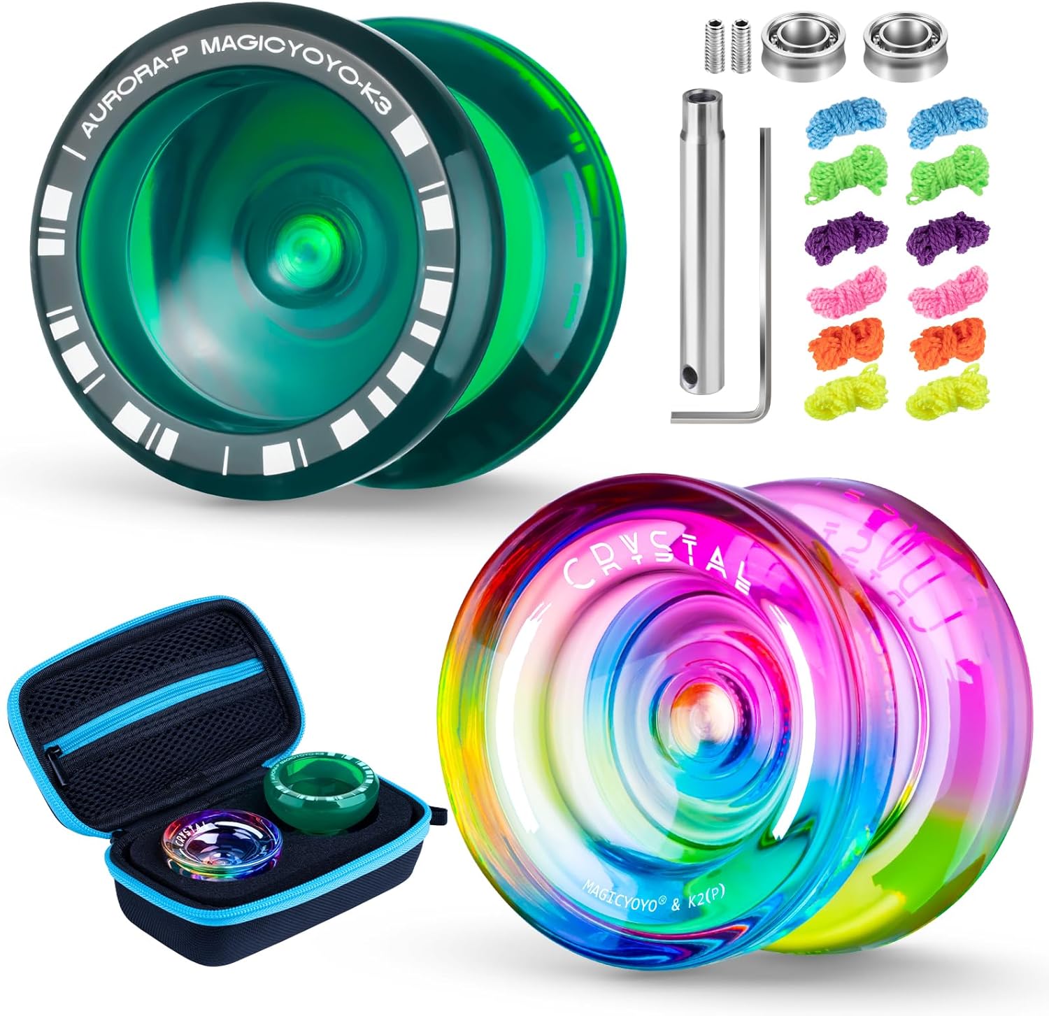 MAGICYOYO K3 + K2 Professional Yoyo Set - 2 Packs Responsive & Unresponsive Yoyos for Kids Beginners and Advanced, Pro Dual Yo-yos with 12 Strings, Gift Case, Bearing Kits ( K3 Green + K2 Gradient)