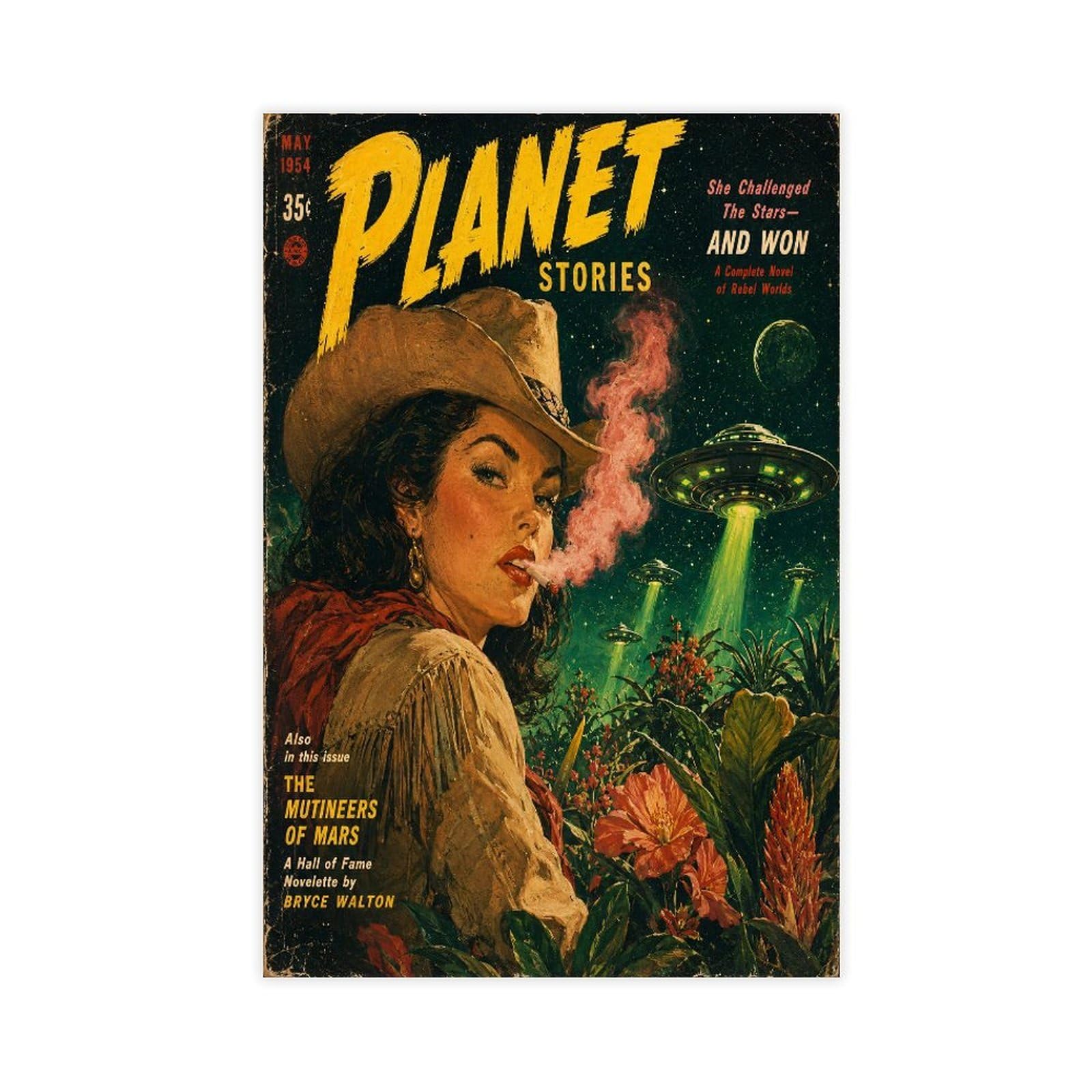 H3b8u2y5 Unframe-Style-21 Cowgirl Planet Stories Canvas Wall Art, Ufo Scene Entryway