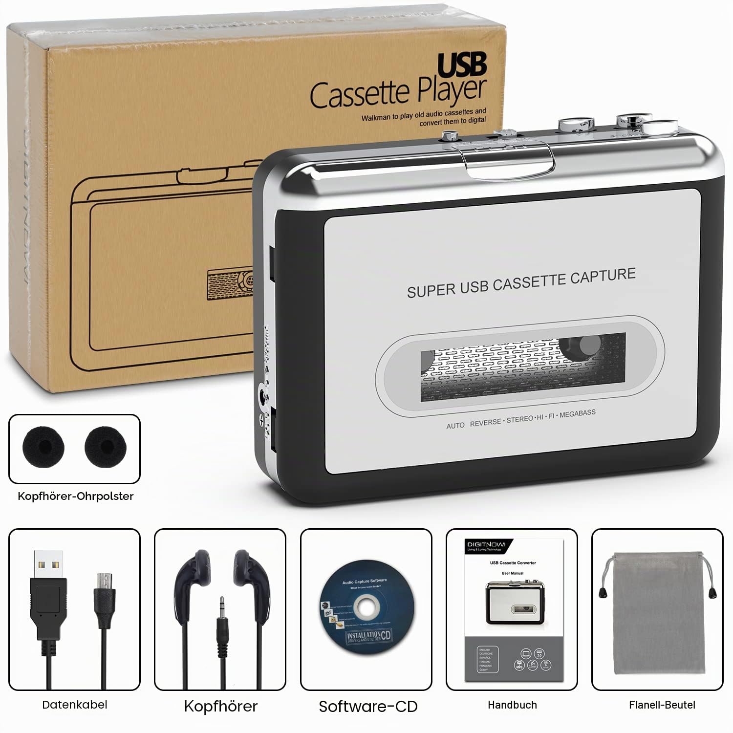 DIGITNOW! Cassette Capture tragbarer Kassetten-Player/Kassette auf MP3-Konverter, Kassette auf MP3/CD-Audio über USB