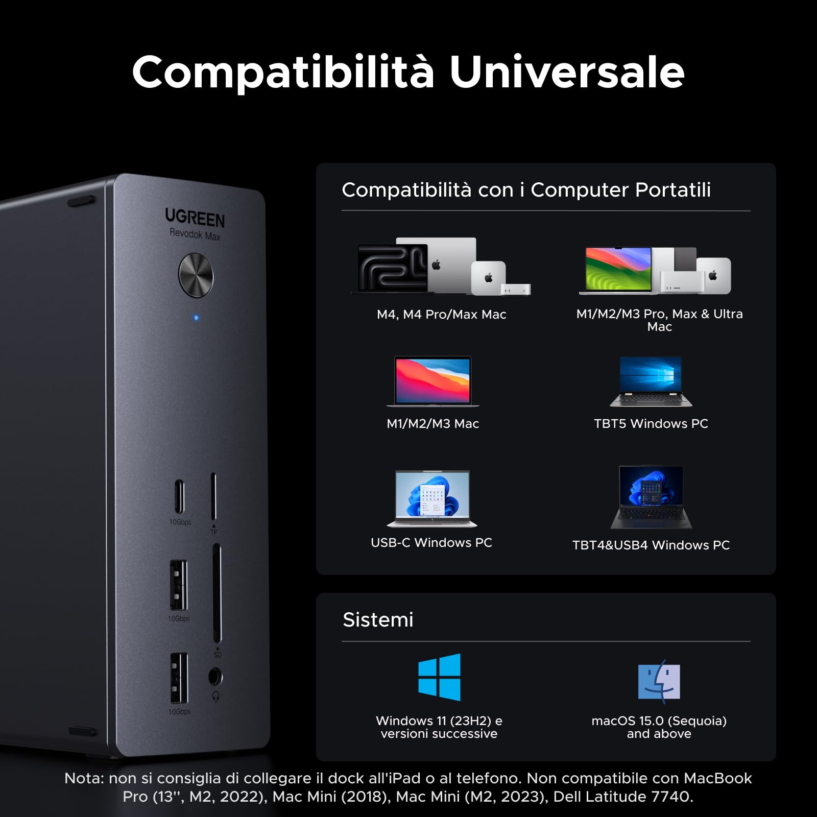 UGREEN Revodok Max 2131 Docking Station Thunderbolt 5 120Gbps Trasferimento Ultra Veloce Dock Hub 13 in 1 con 4 TBT5 Multi USB 3.2 RJ45 2.5GbE Lettore di Schede SD TF 4.0 Jack 3.5mm Carica 140W Max