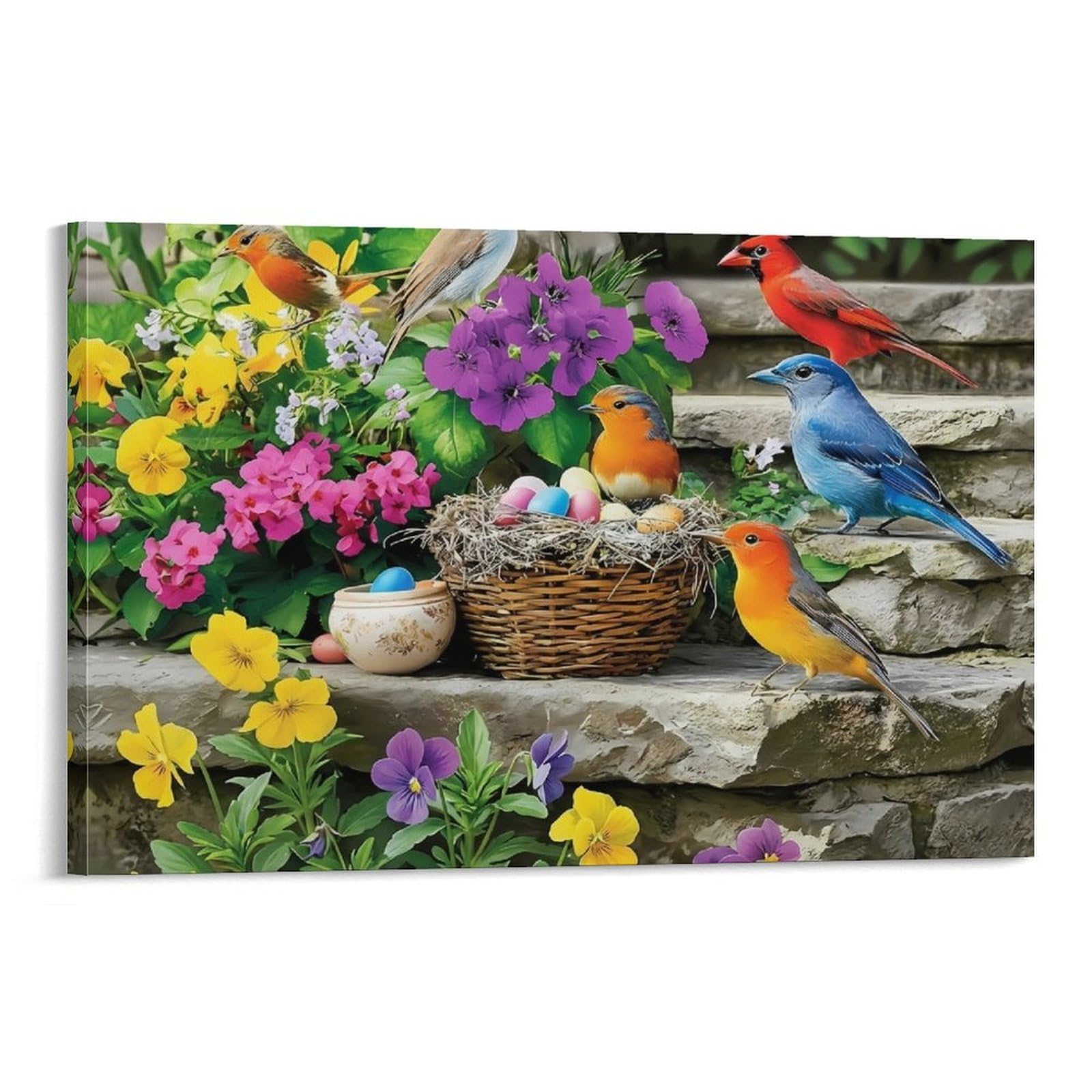 CPLVKWRQJ Spring Birds Garden Single Piece Colorful Wild Birds Nest Amid Garden Blooms Framed Wall Art - Living Room Gallery Wall Focal Point Ready to Hang Decor 08x12inch(20x30cm)