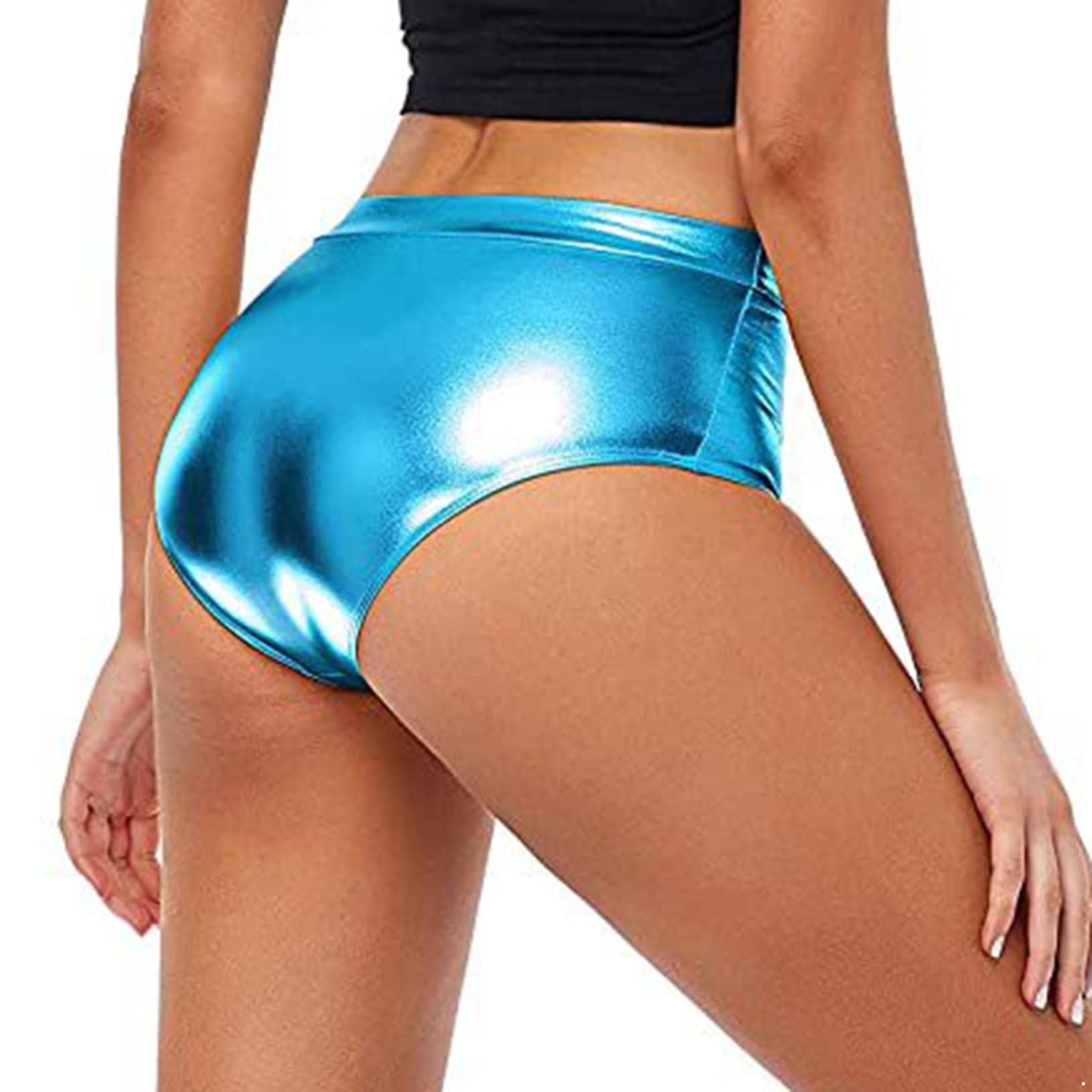 Yeahdor Womens Sparkly Metallic Booty Shorts Rave Festival Shiny Dance Bottoms Mid Waisted Hot Pants Sky Blue Large