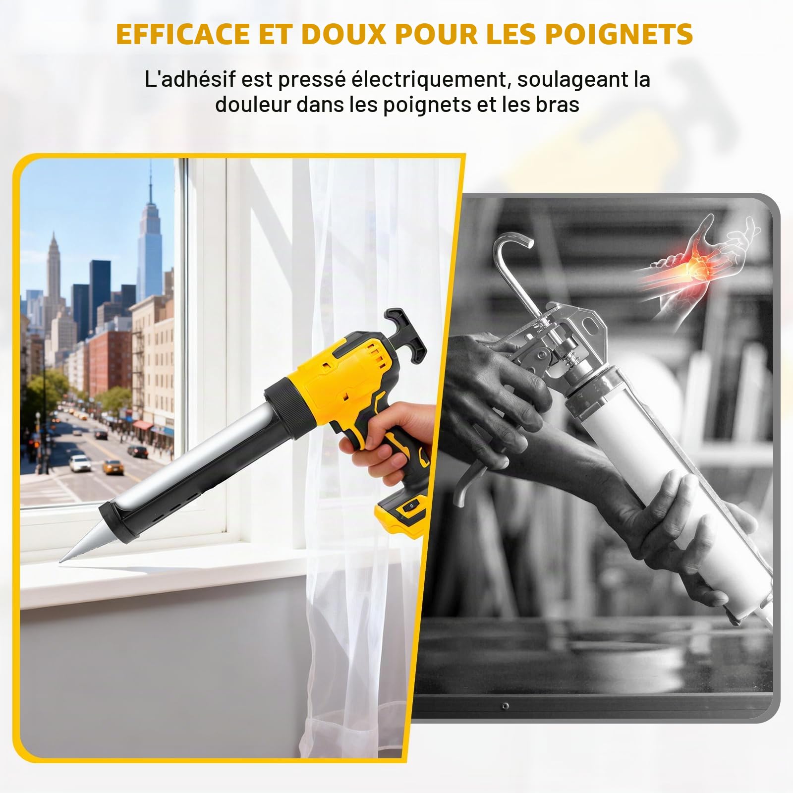 Presse à cartouche sans fil compatible avec batterie Dewalt 20V | Pistolet à cartouche électrique à 6 vitesses, Lumière LED, Seringue silicone, Cartouches 300 ml, 9 accessoires, Sans Batterie